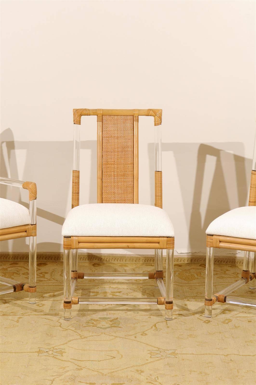 American Staggering Restored Set of 8 Iconic Lucite and Rattan Dining Chairs, circa 1975