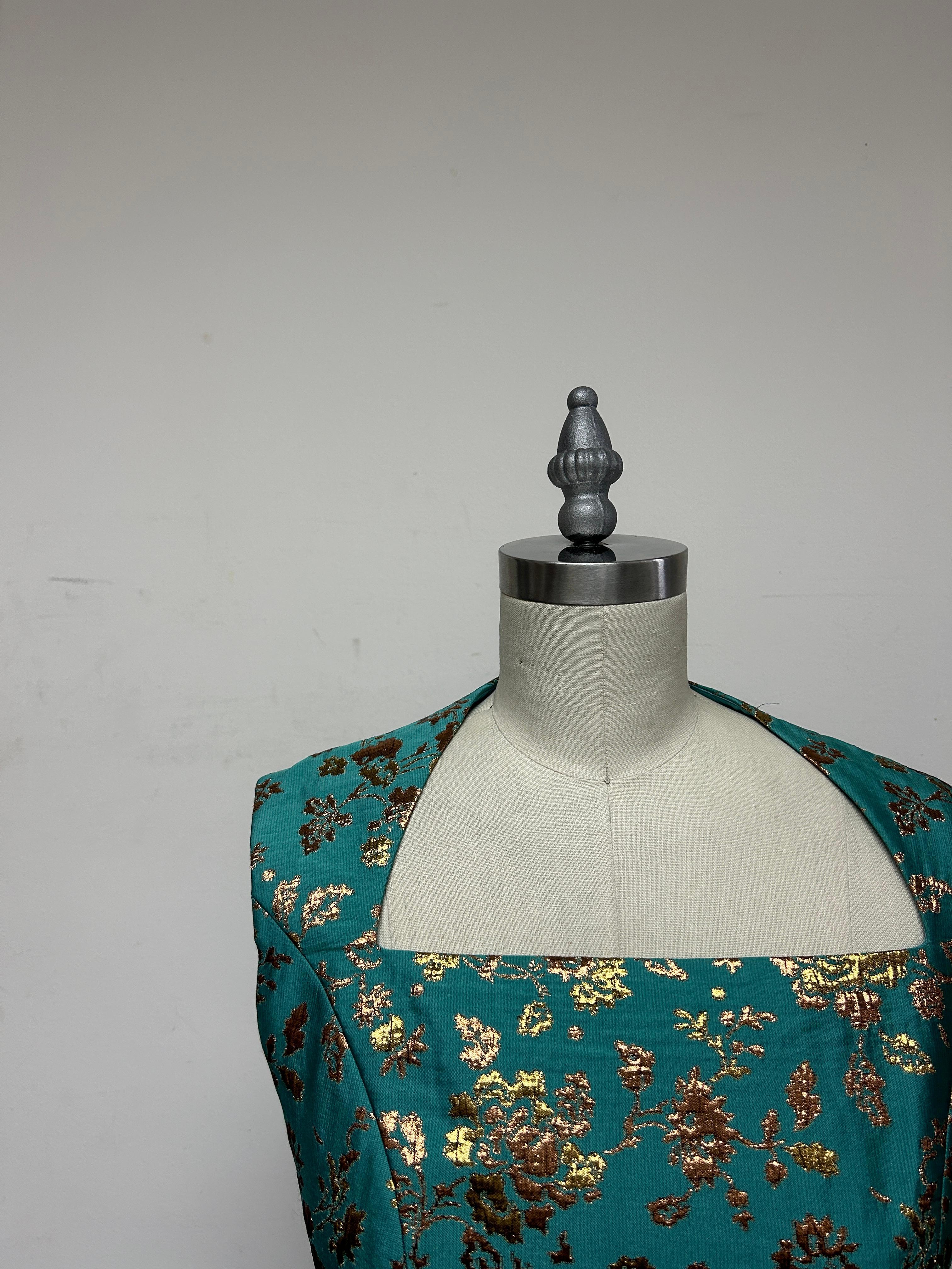 Vestido de fiesta brocado francés oro rosa y turquesa en Excelente estado para la venta en Los Angeles, CA