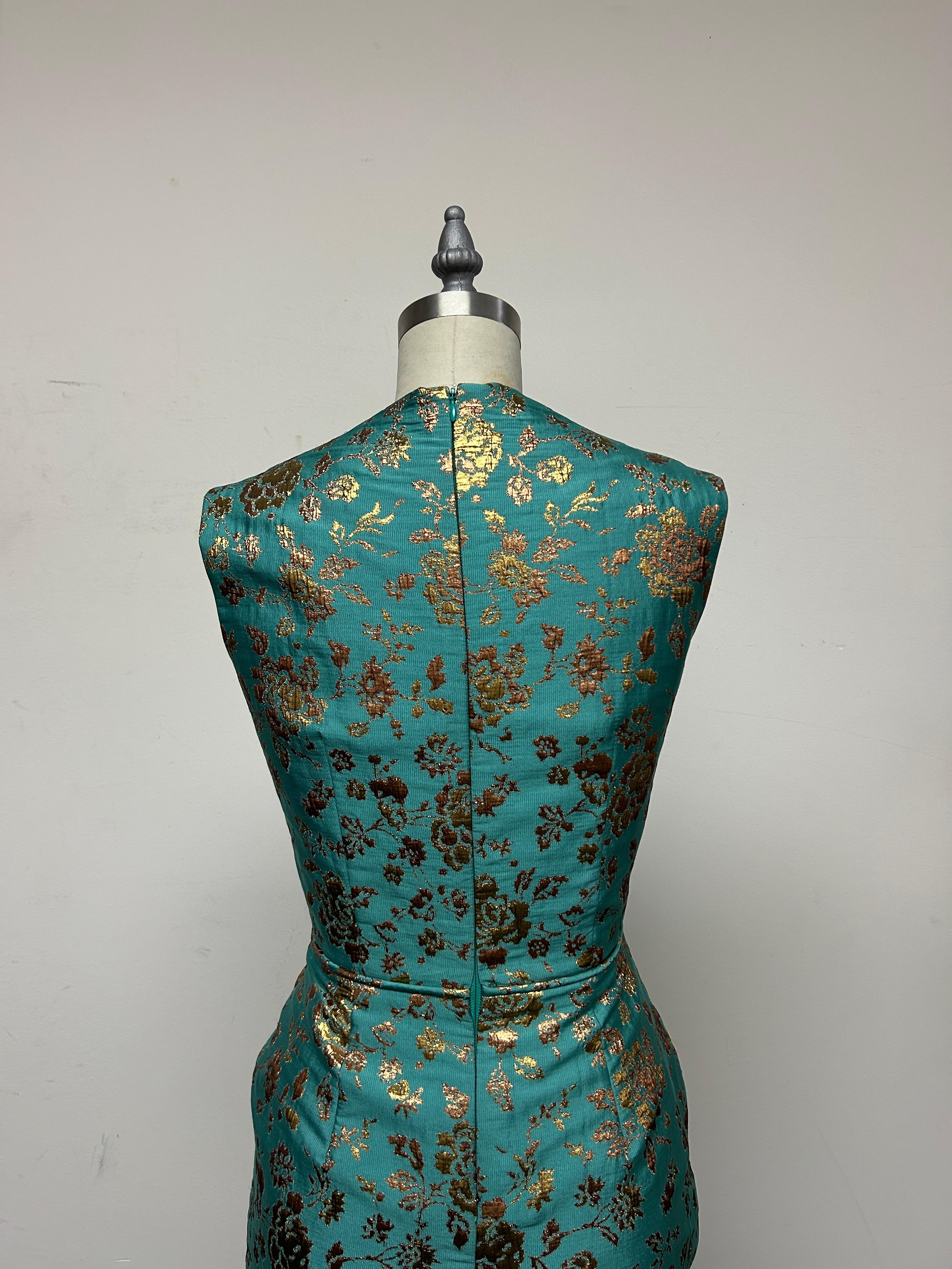 Vestido de fiesta brocado francés oro rosa y turquesa en venta 1