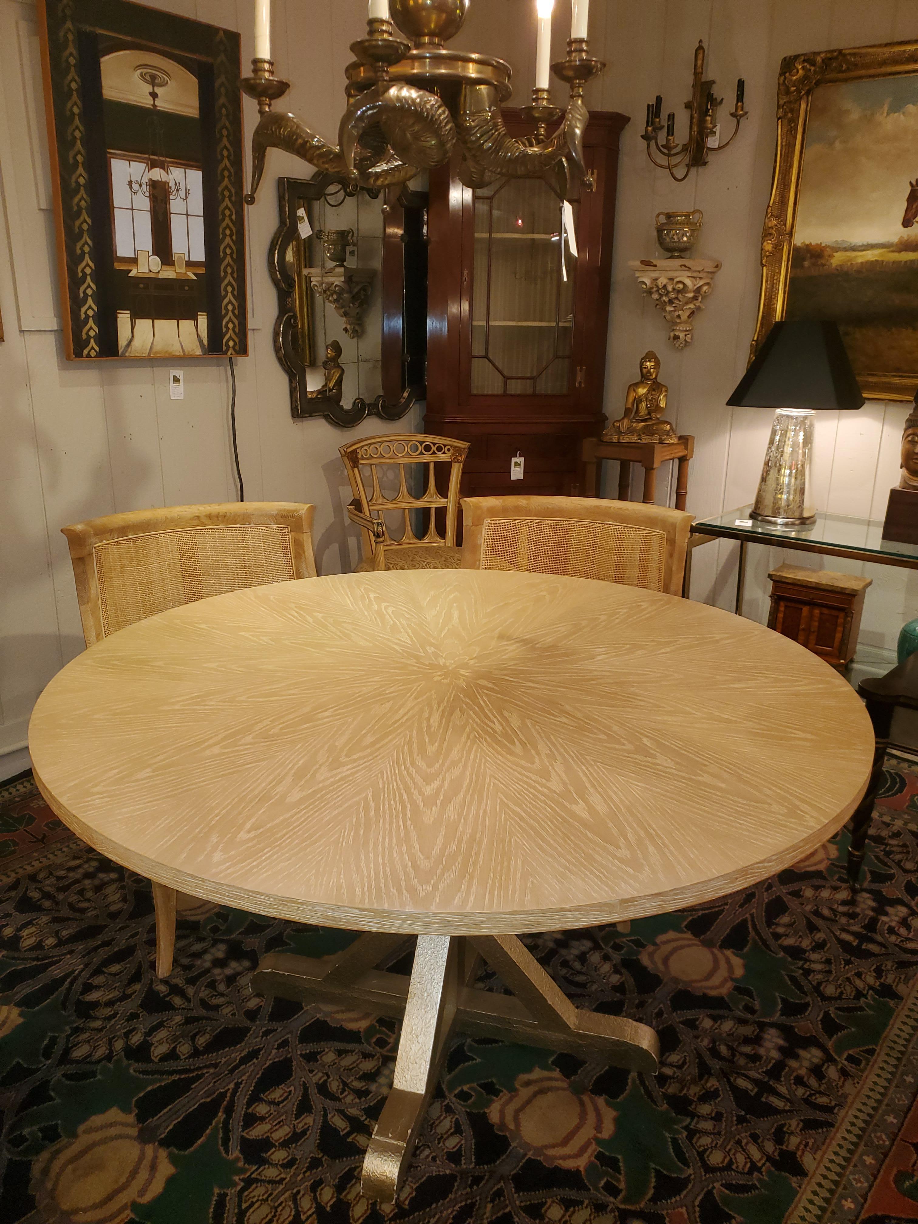 Chic Round Blonde Oak & Gilt Dining Table with 6 Cerused Oak & Caned Chairs 4