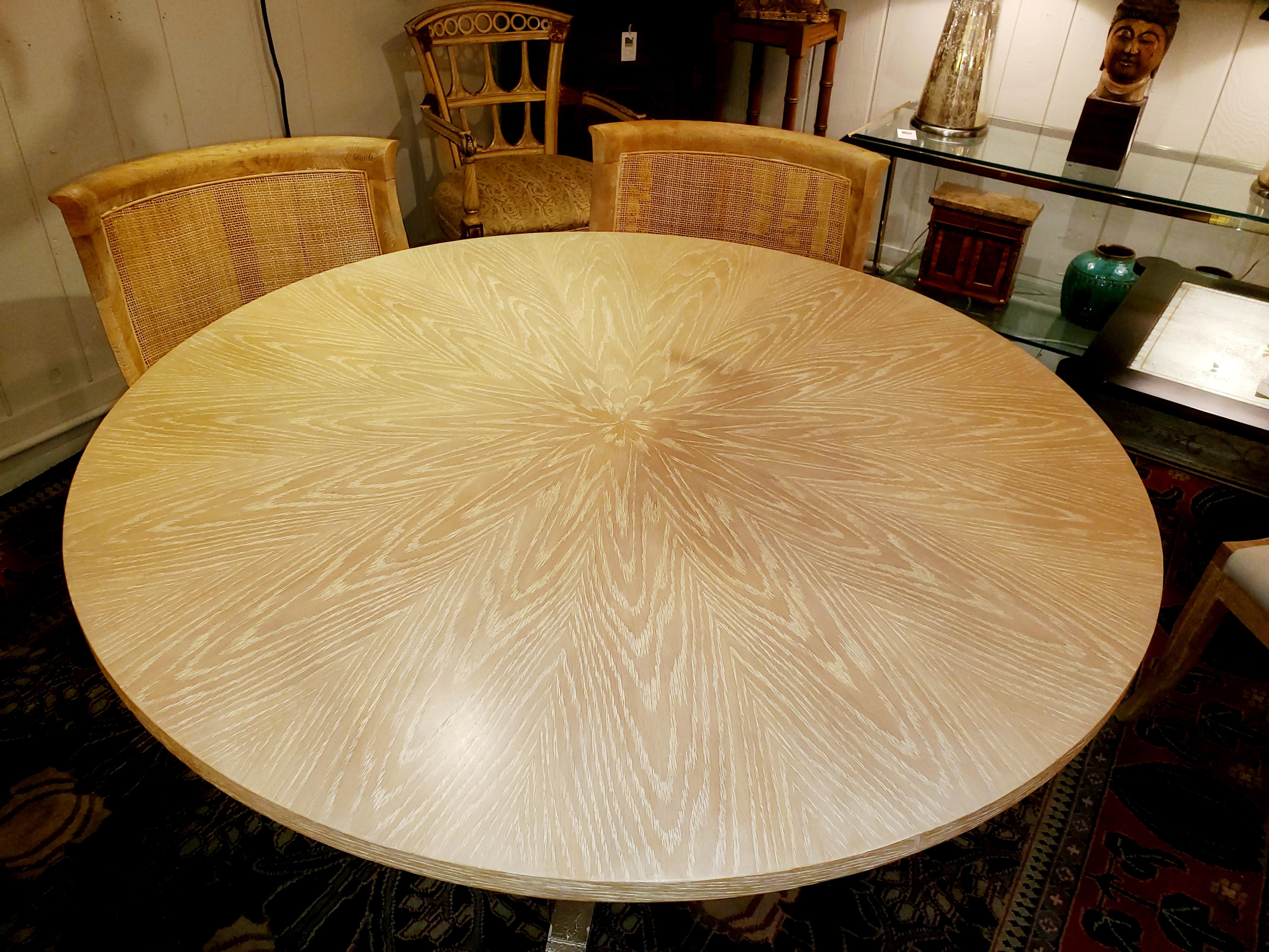 Chic Round Blonde Oak & Gilt Dining Table with 6 Cerused Oak & Caned Chairs 5