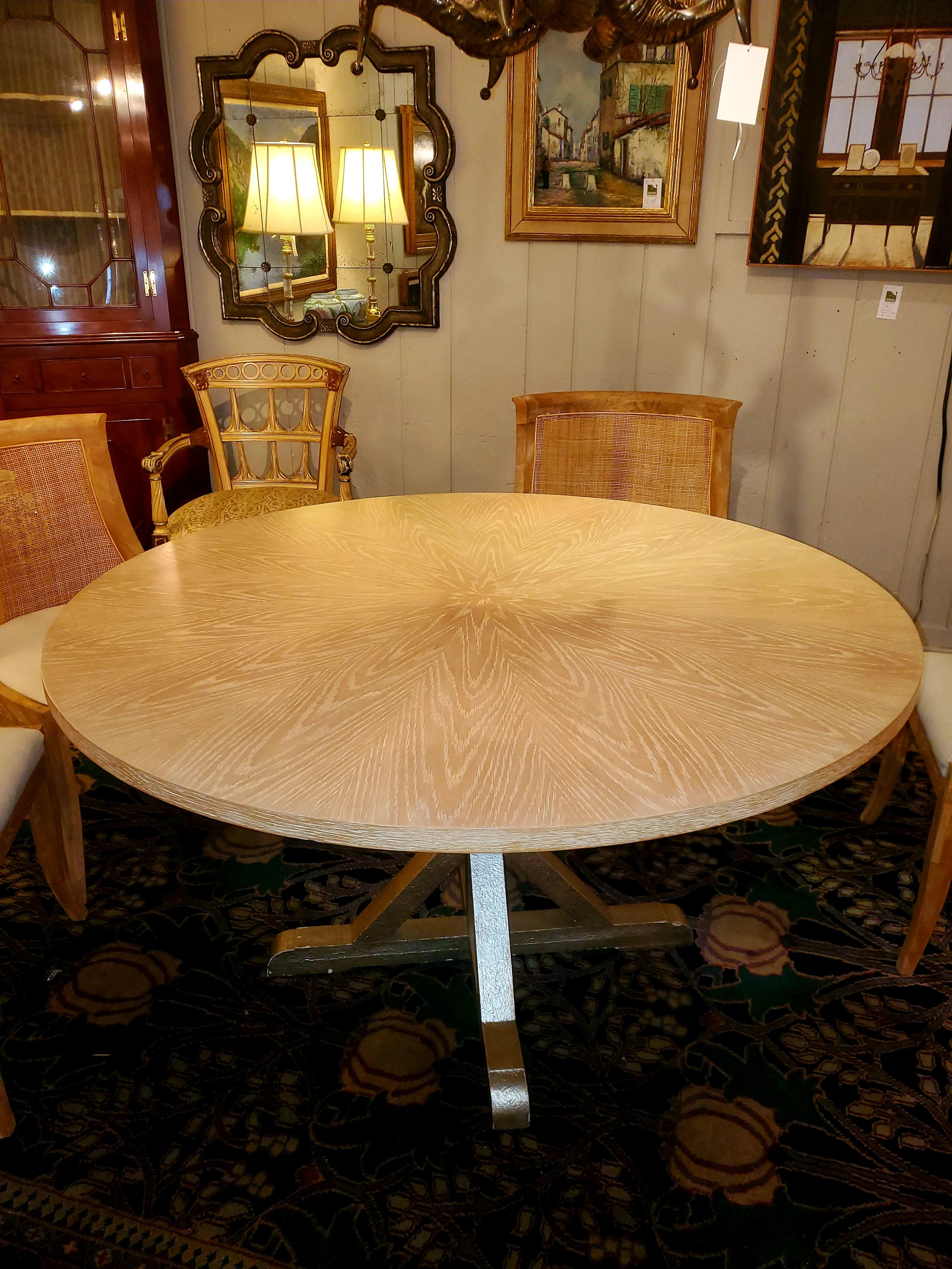 Chic Round Blonde Oak & Gilt Dining Table with 6 Cerused Oak & Caned Chairs 6
