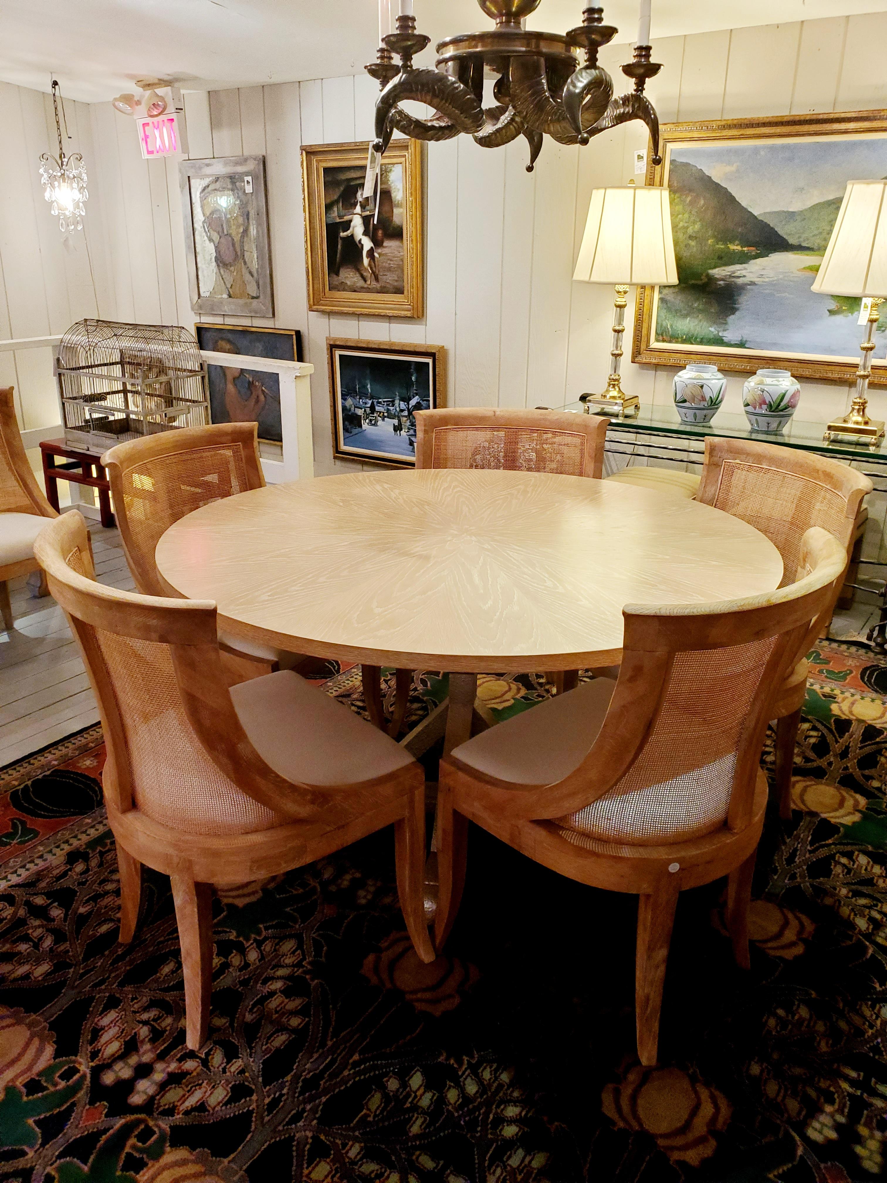 Chic Round Blonde Oak & Gilt Dining Table with 6 Cerused Oak & Caned Chairs 10