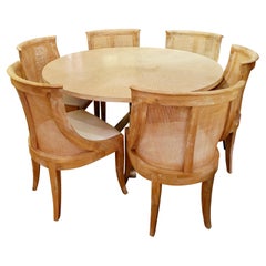 Chic Round Blonde Oak & Gilt Dining Table with 6 Cerused Oak & Caned Chairs