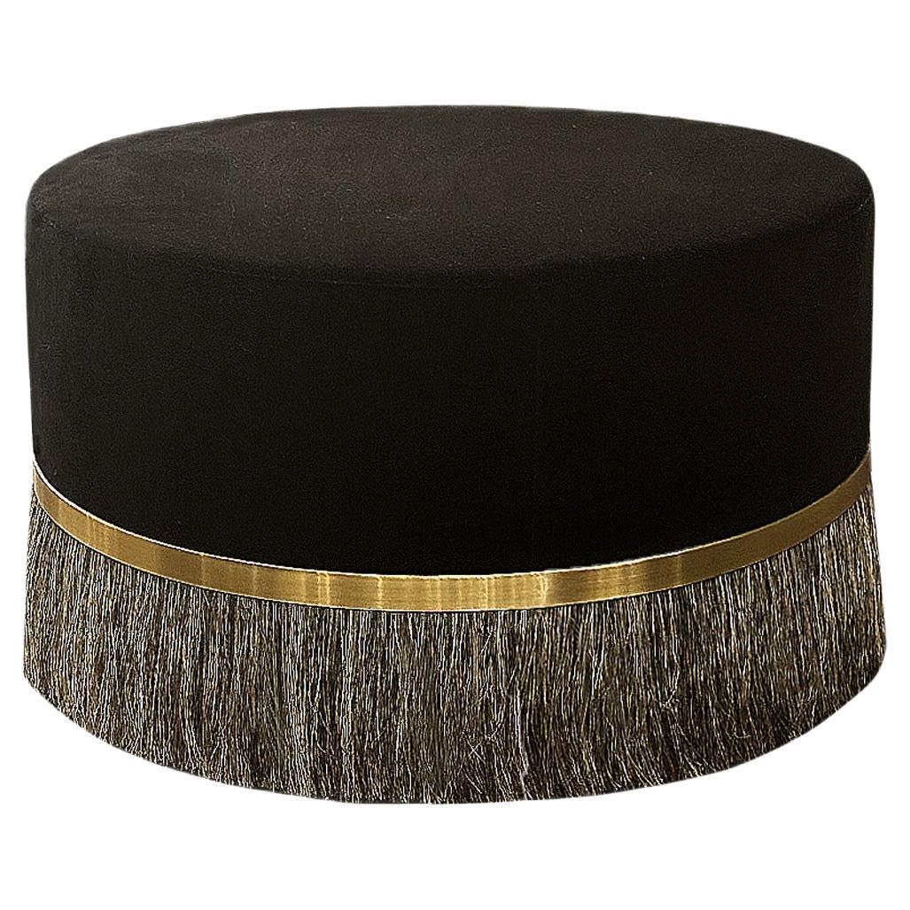 Chic Round Velvet Ottoman with Horsehair Skirt and Brass Trim For Sale