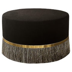 Chic Round Velvet Ottoman with Horsehair Skirt and Brass Trim