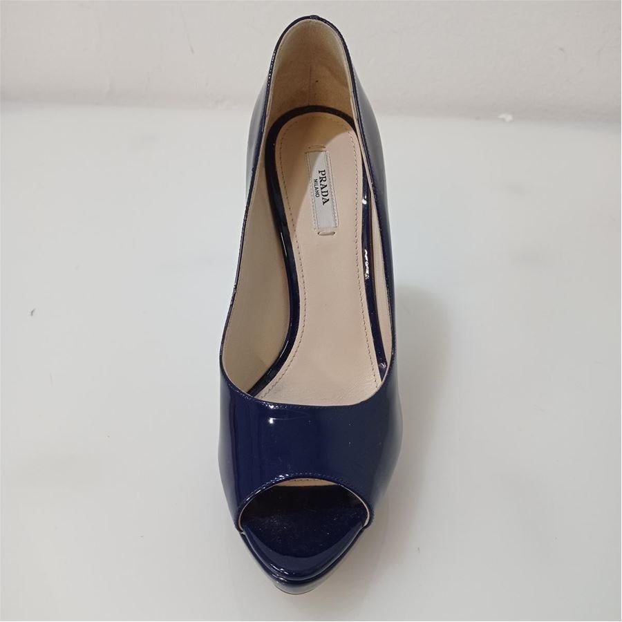 Patent leather Blue color Heel height cm 13 (511 inches) Plateau cm 3 (118 inches) With dustbags and box
