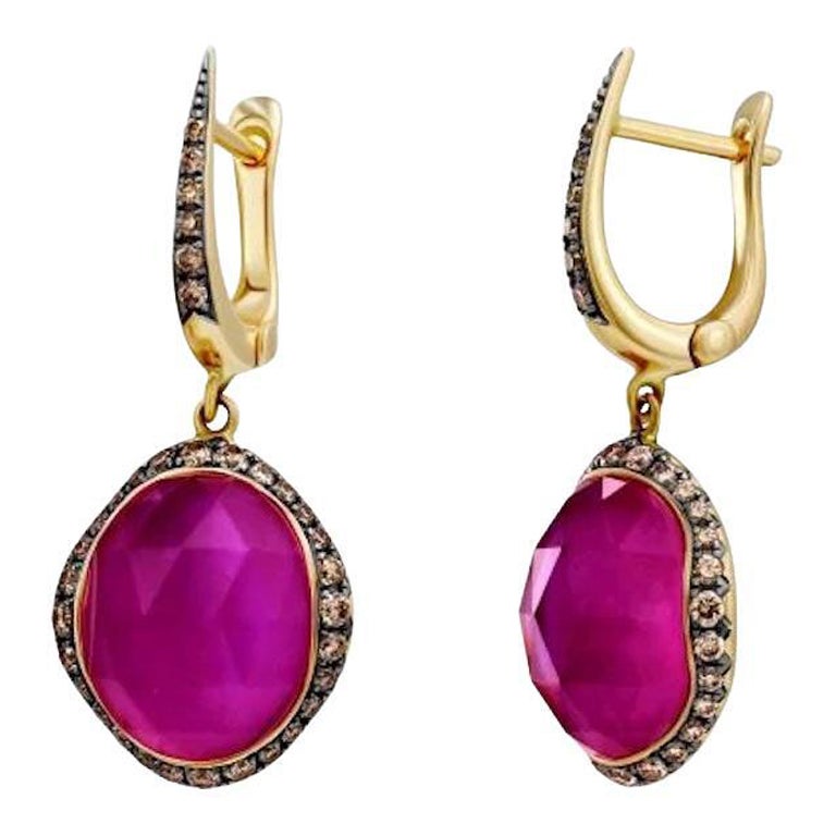 Boucles d'oreilles à levier en or jaune 18 carats avec diamants et rubis pour elle