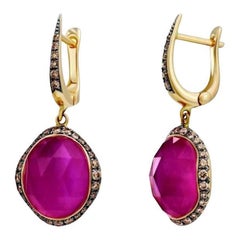 Boucles d'oreilles à levier en or jaune 18 carats avec diamants et rubis pour elle