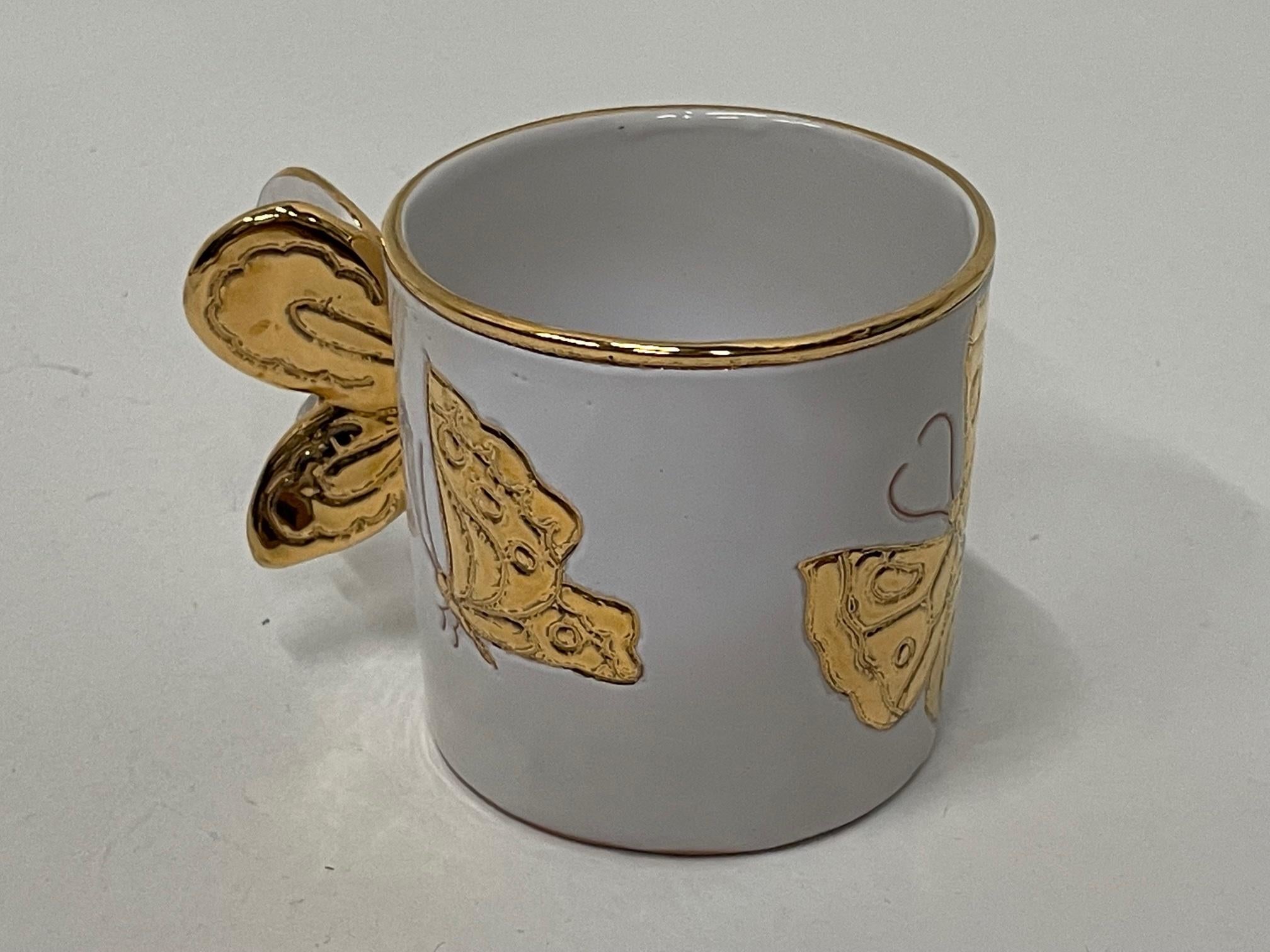 Chic Set of 12 Designer Italian Pottery Gold & White Butterfly Plates & Cups 6