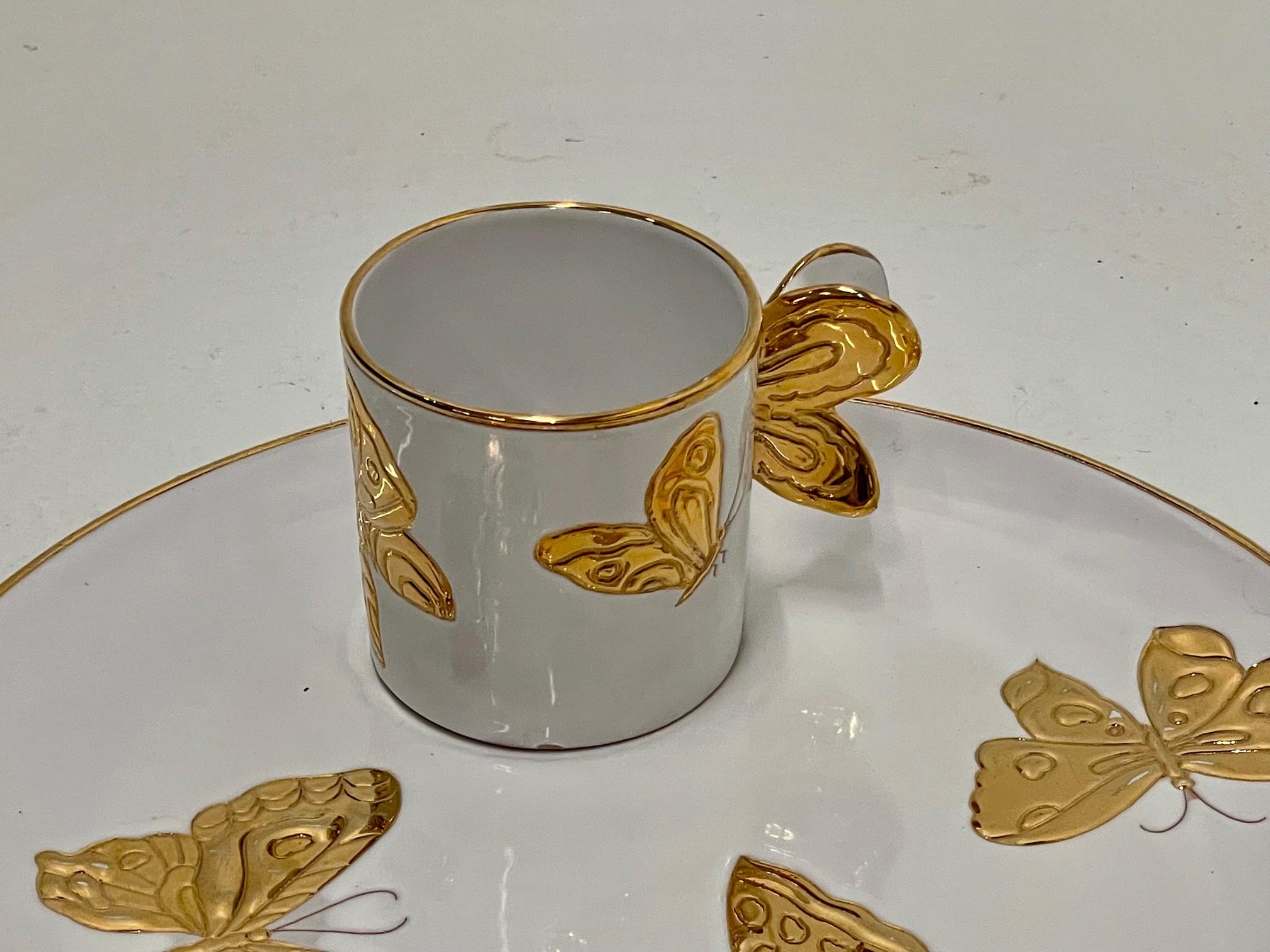 Mid-20th Century Chic Set of 12 Designer Italian Pottery Gold & White Butterfly Plates & Cups