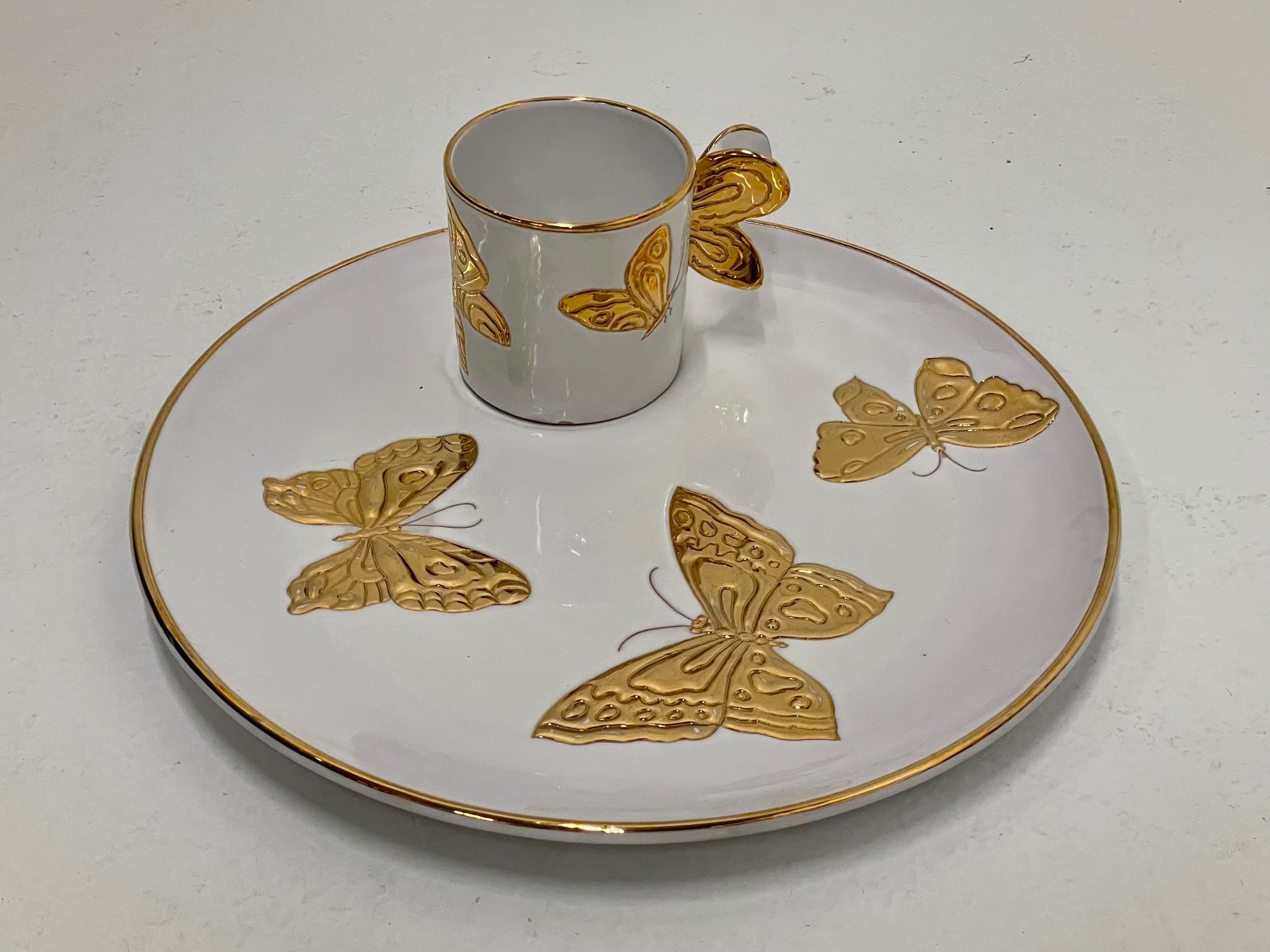 Chic Set of 12 Designer Italian Pottery Gold & White Butterfly Plates & Cups 1
