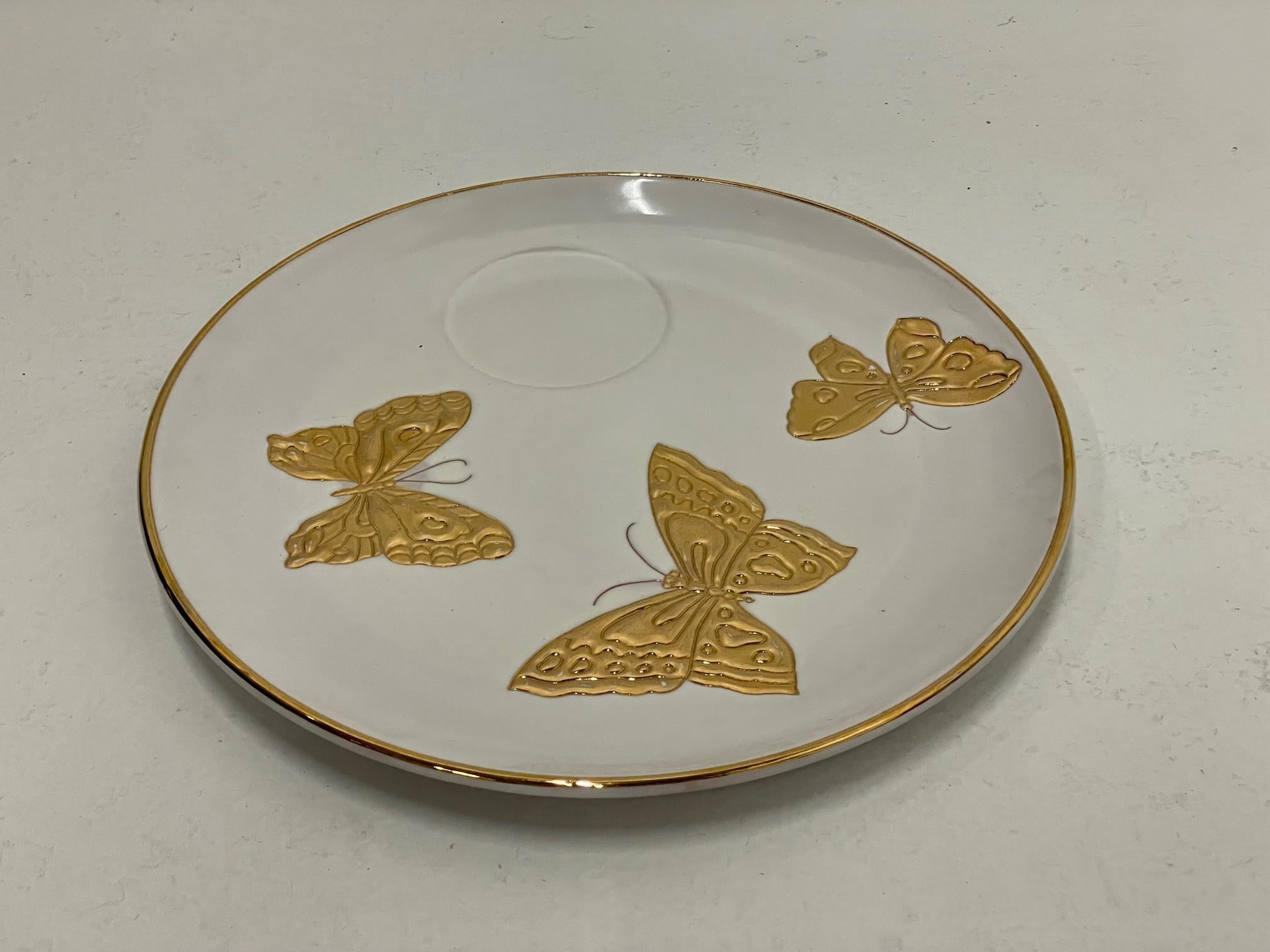 Chic Set of 12 Designer Italian Pottery Gold & White Butterfly Plates & Cups 3