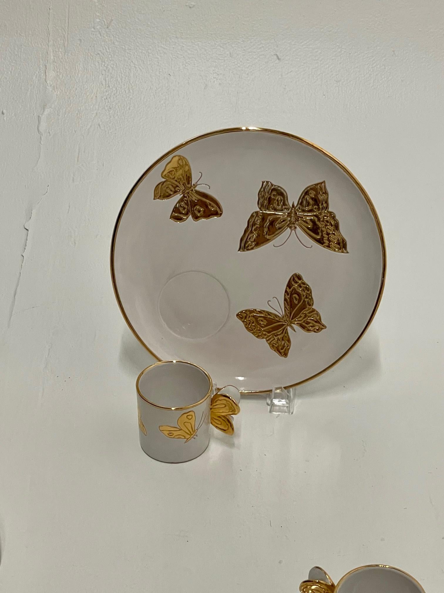 Chic Set of 12 Designer Italian Pottery Gold & White Butterfly Plates & Cups 5