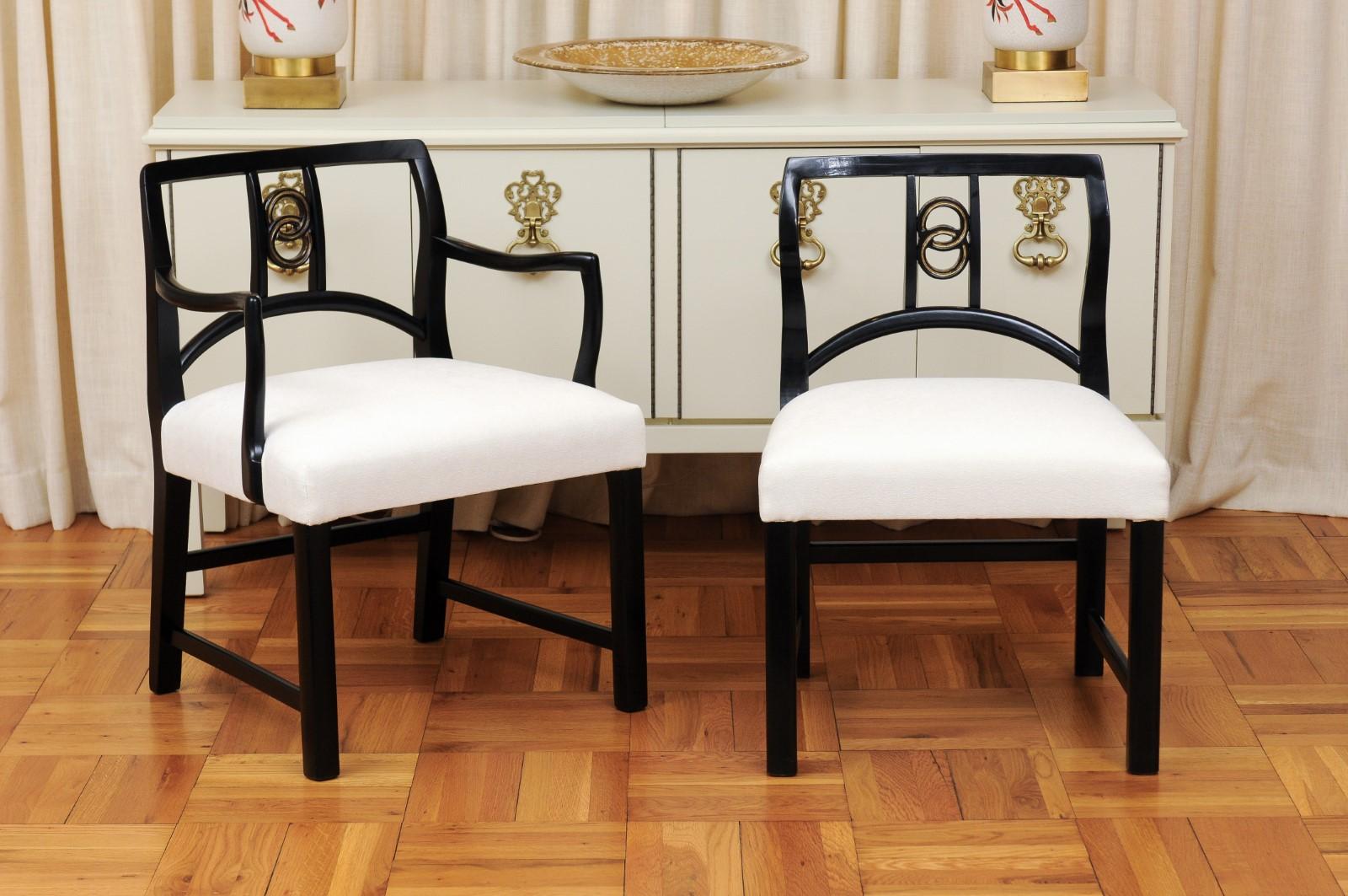 This magnificent set of dining chairs is shipped as professionally photographed and described in the listing narrative: Meticulously professionally restored, newly upholstered and completely installation ready. This rare Taylor set is unique on the