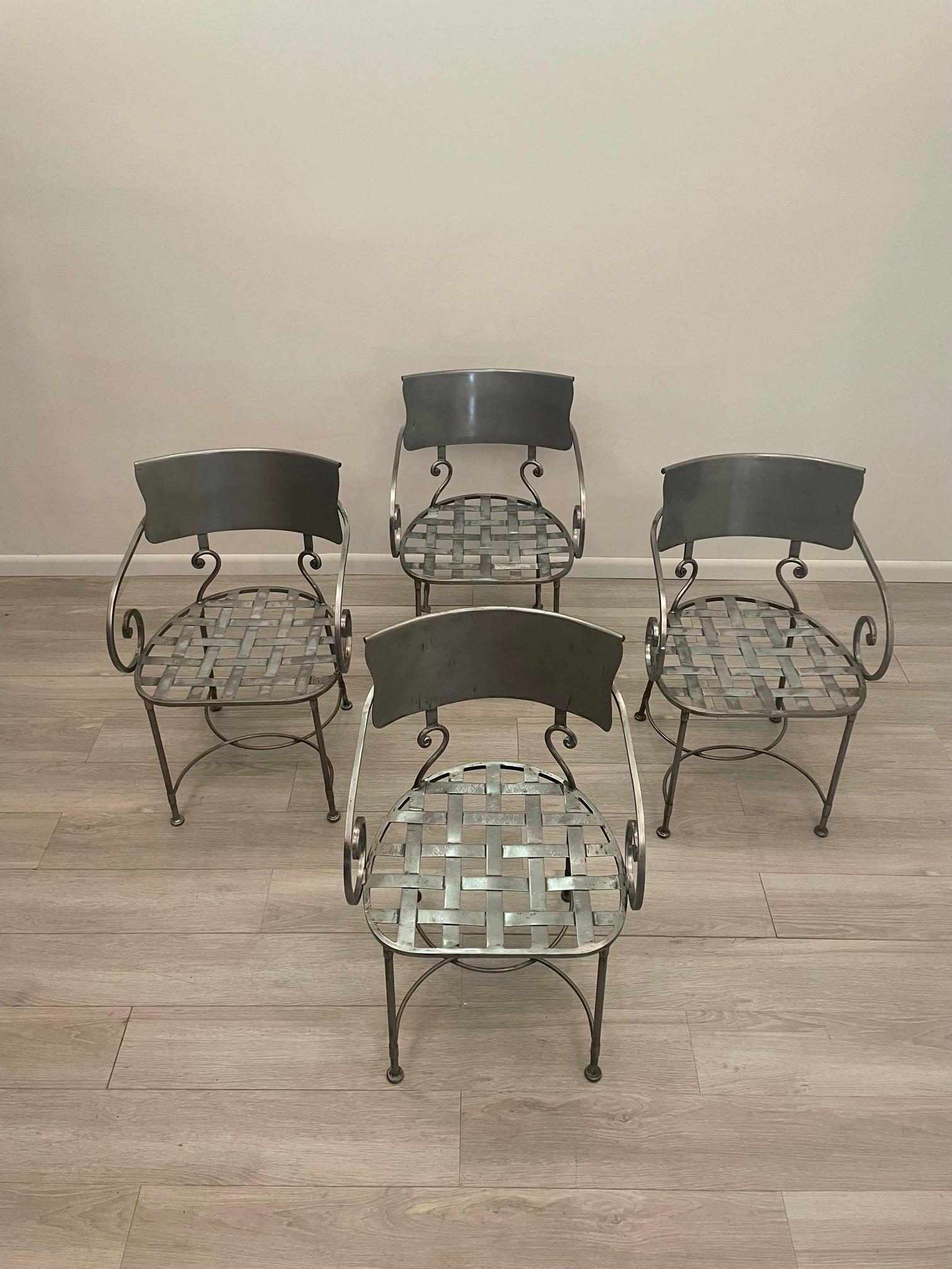 Chic Set of 4 Italian Hand Wrought Iron Silver Dining Armchairs 7