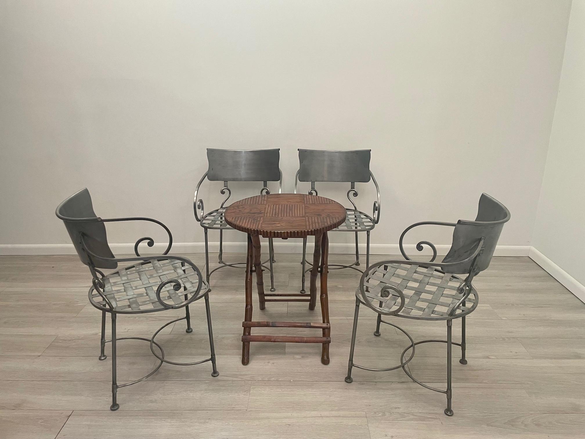 Chic Set of 4 Italian Hand Wrought Iron Silver Dining Armchairs In Good Condition In Hopewell, NJ