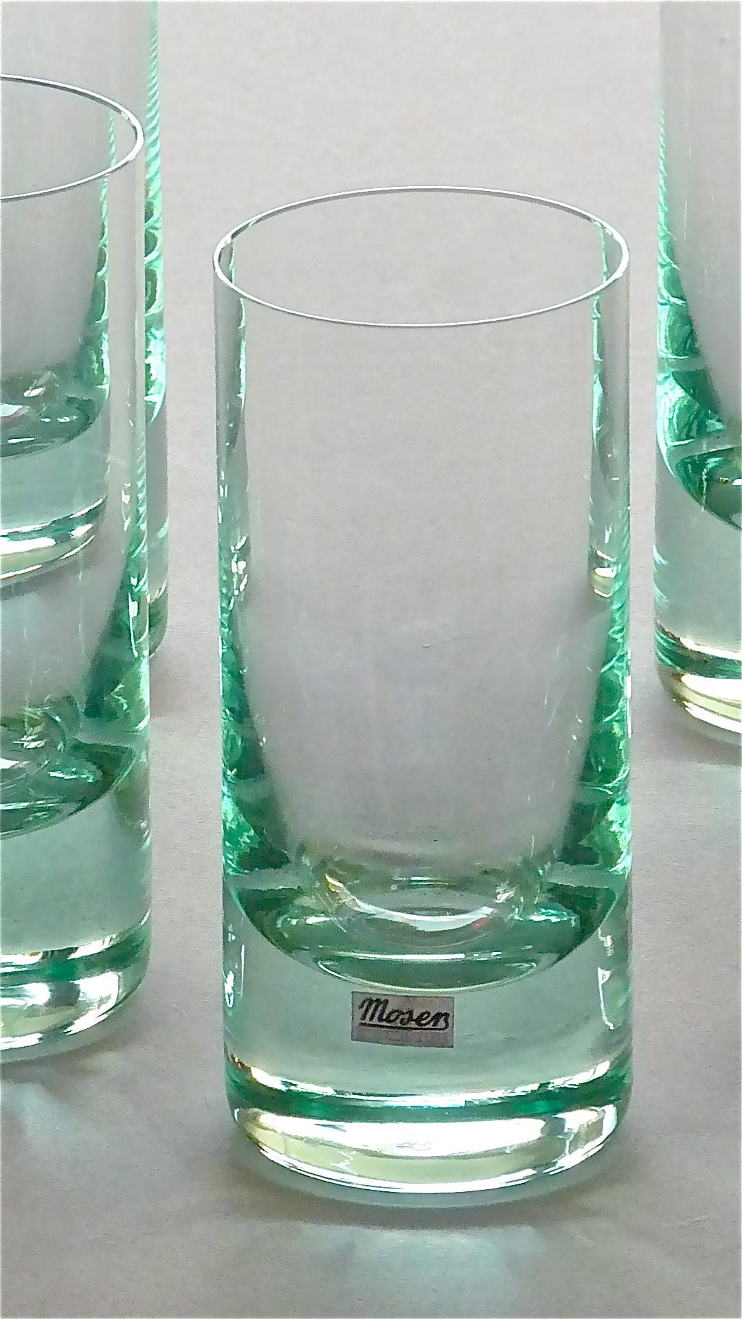 Hand-Crafted Chic Set of 6 Moser Water Long Drink Glasses Tinted Green Fontana Arte Style For Sale