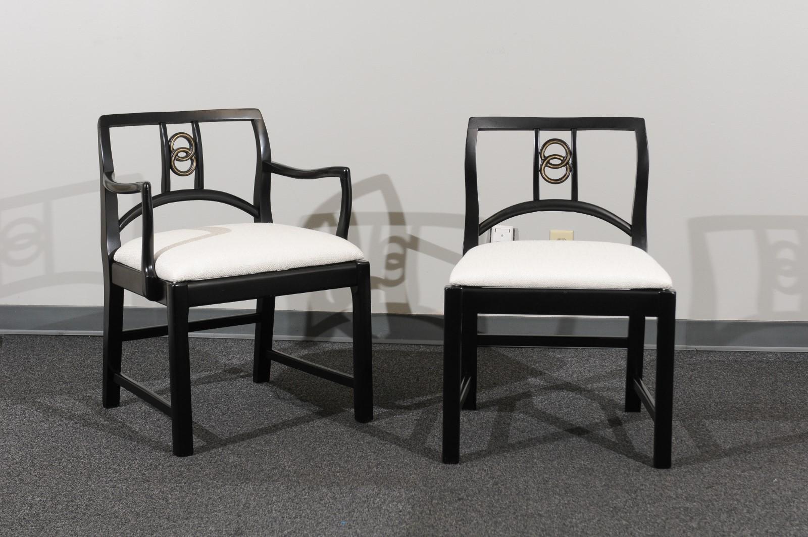 This magnificent set of dining chairs is shipped as professionally photographed and described in the listing narrative: Meticulously professionally restored, newly upholstered and completely installation ready. Expert custom upholstery service is