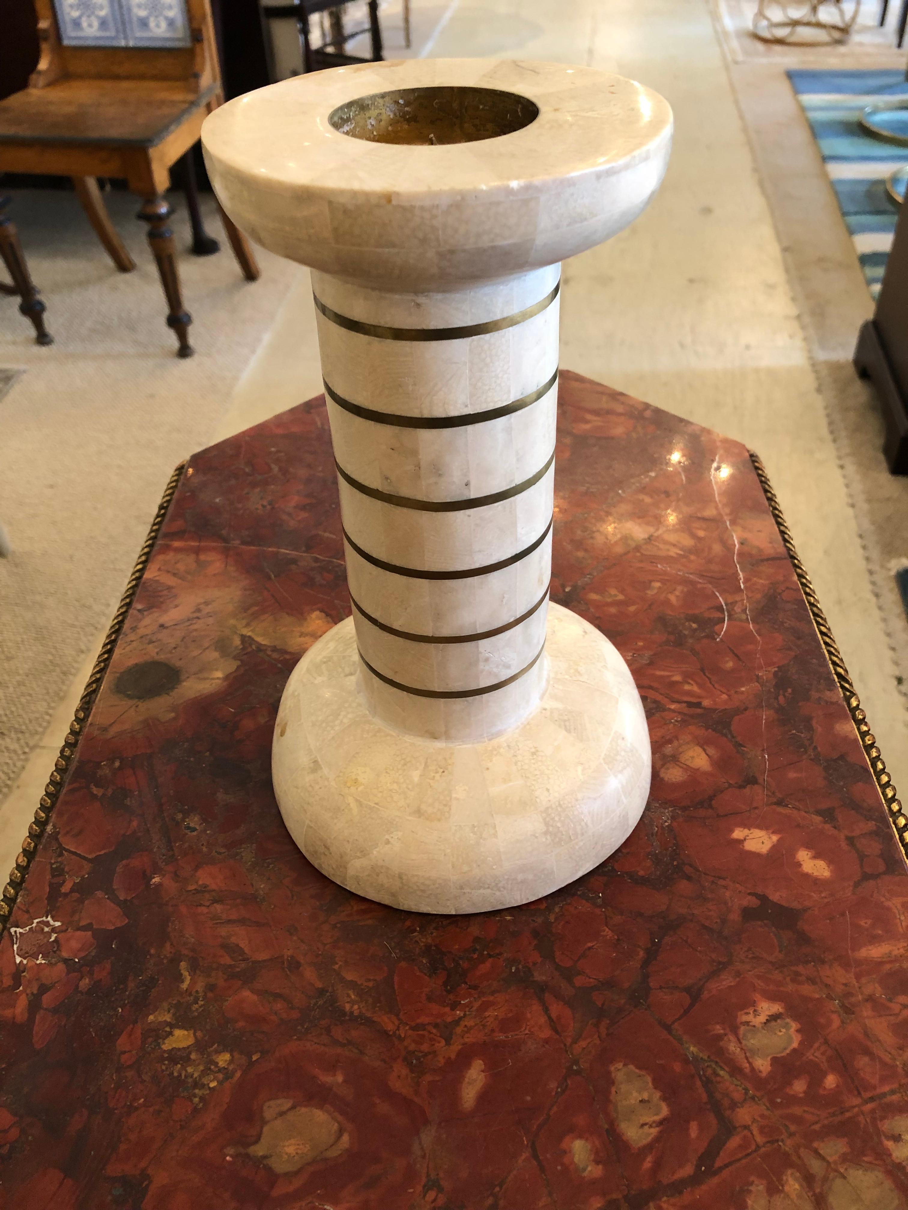 Late 20th Century Chic Set of Tessellated Stone Mid-Century Modern Bookends and Candlestick For Sale