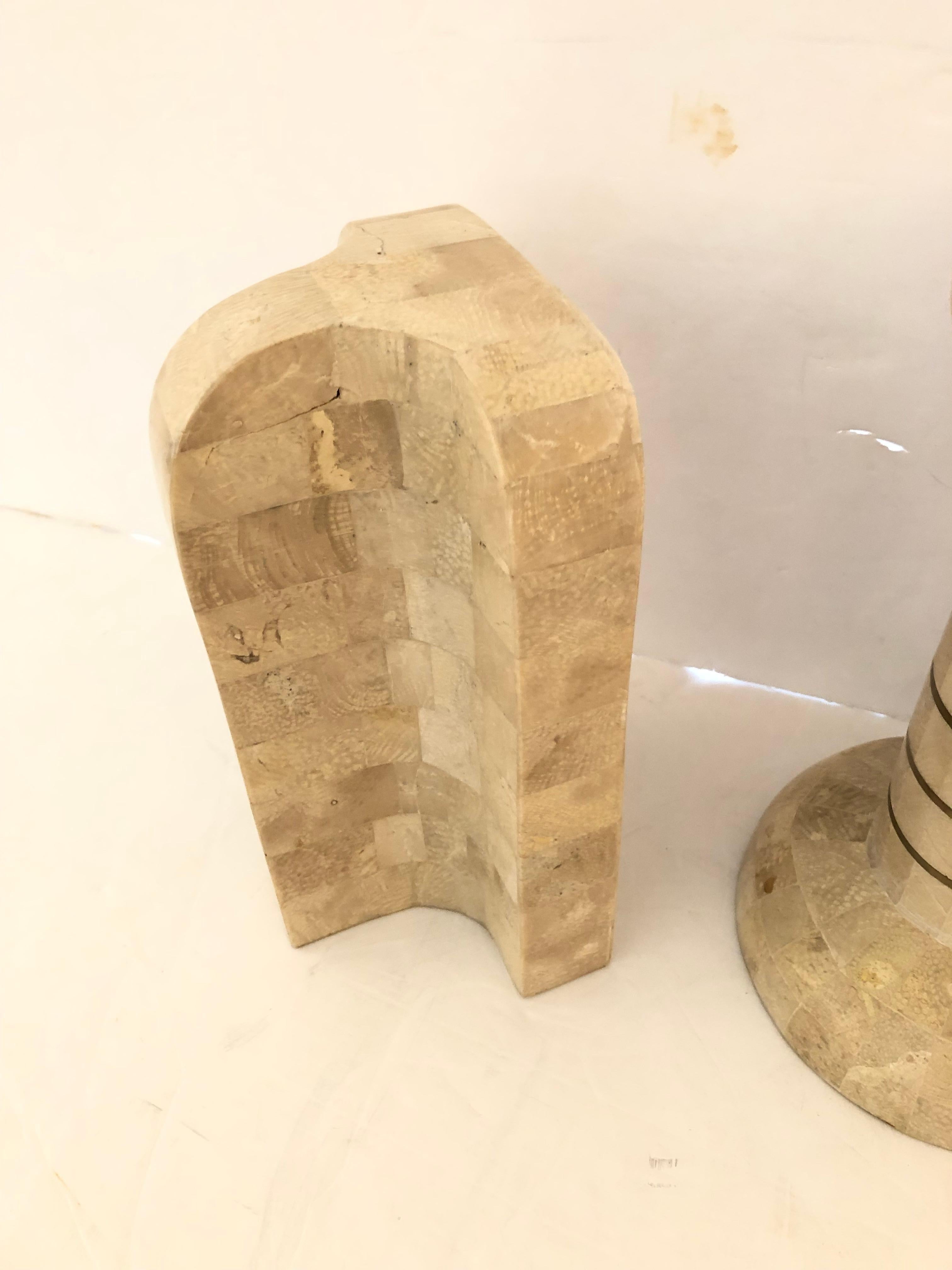 Chic Set of Tessellated Stone Mid-Century Modern Bookends and Candlestick For Sale 3