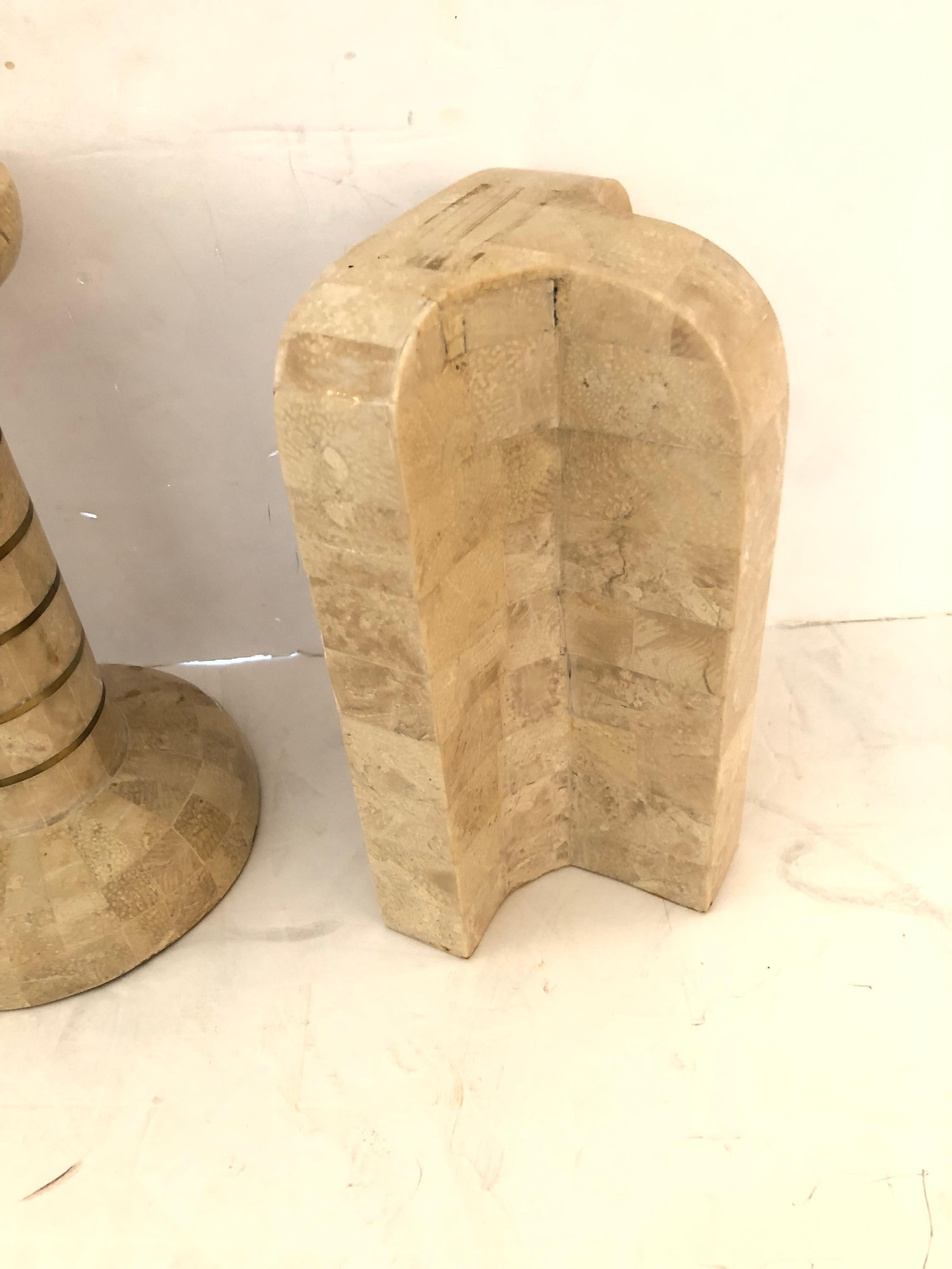 Chic Set of Tessellated Stone Mid-Century Modern Bookends and Candlestick For Sale 4