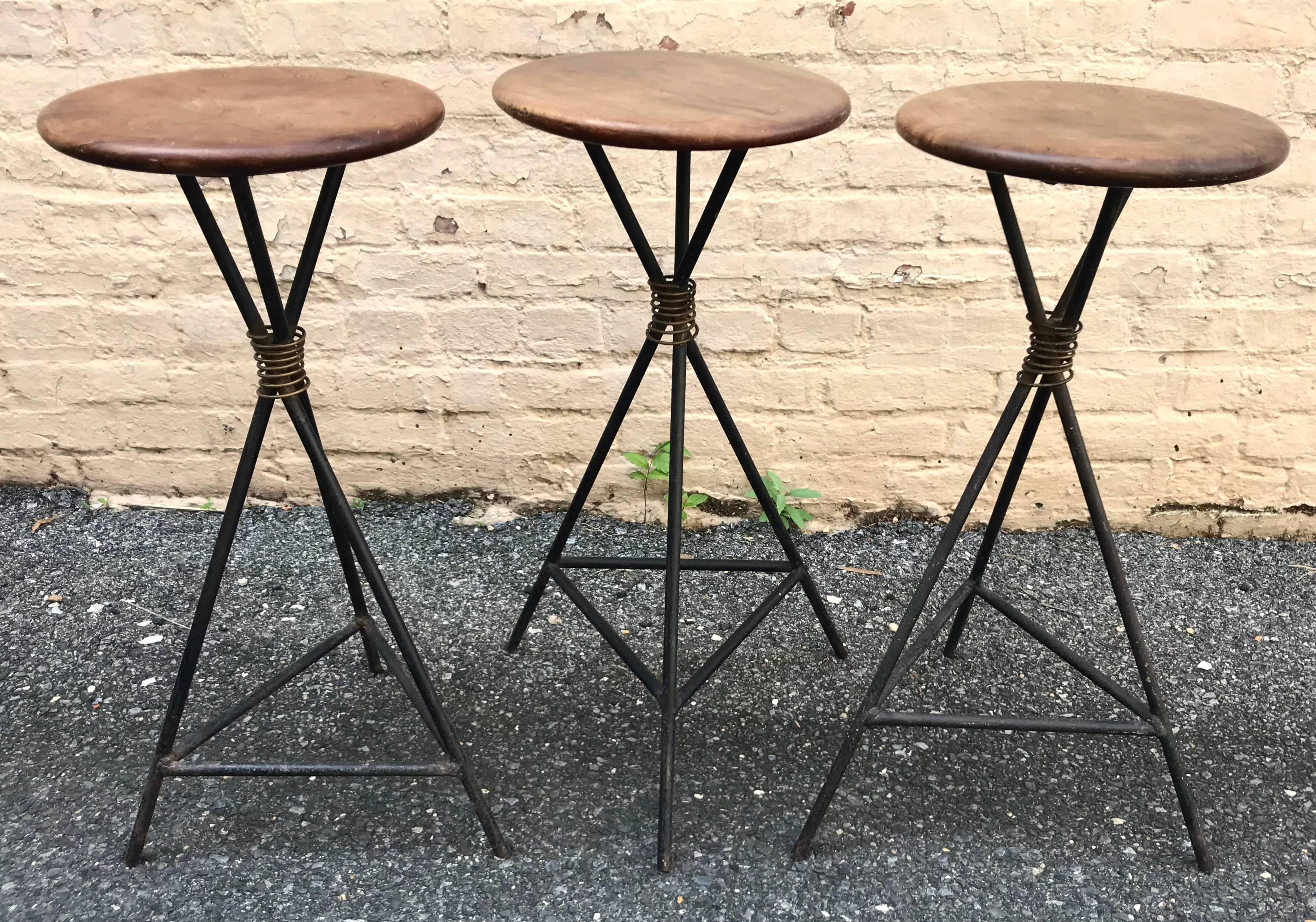 Mid-20th Century Chic Set of Three 1950s French Walnut and Wrought Iron Barstools