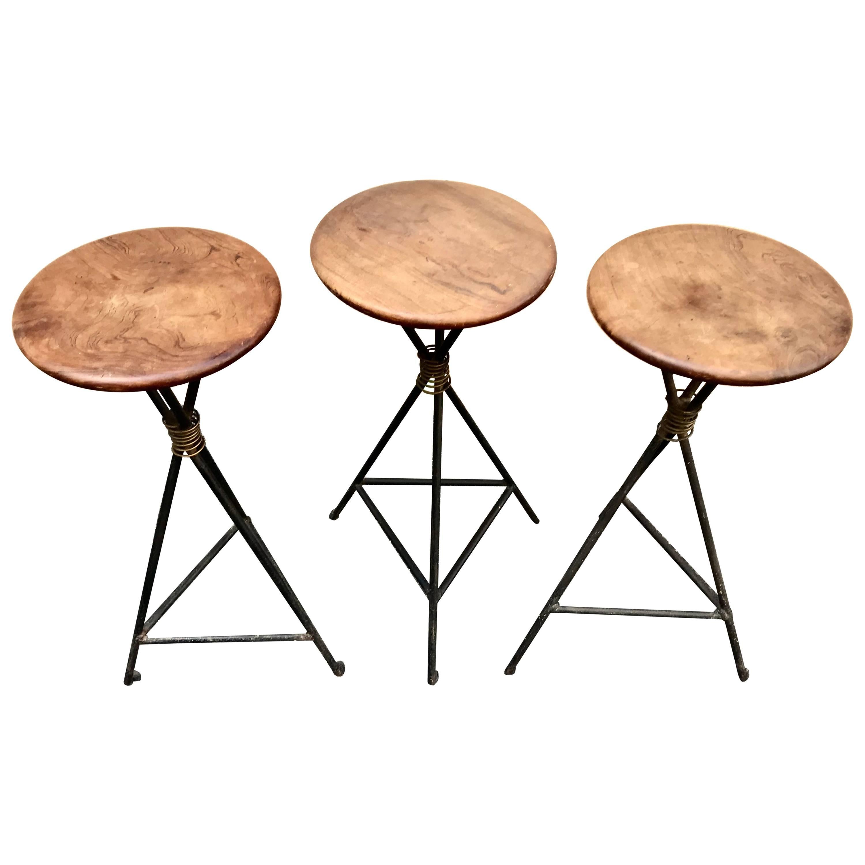 Chic Set of Three 1950s French Walnut and Wrought Iron Barstools