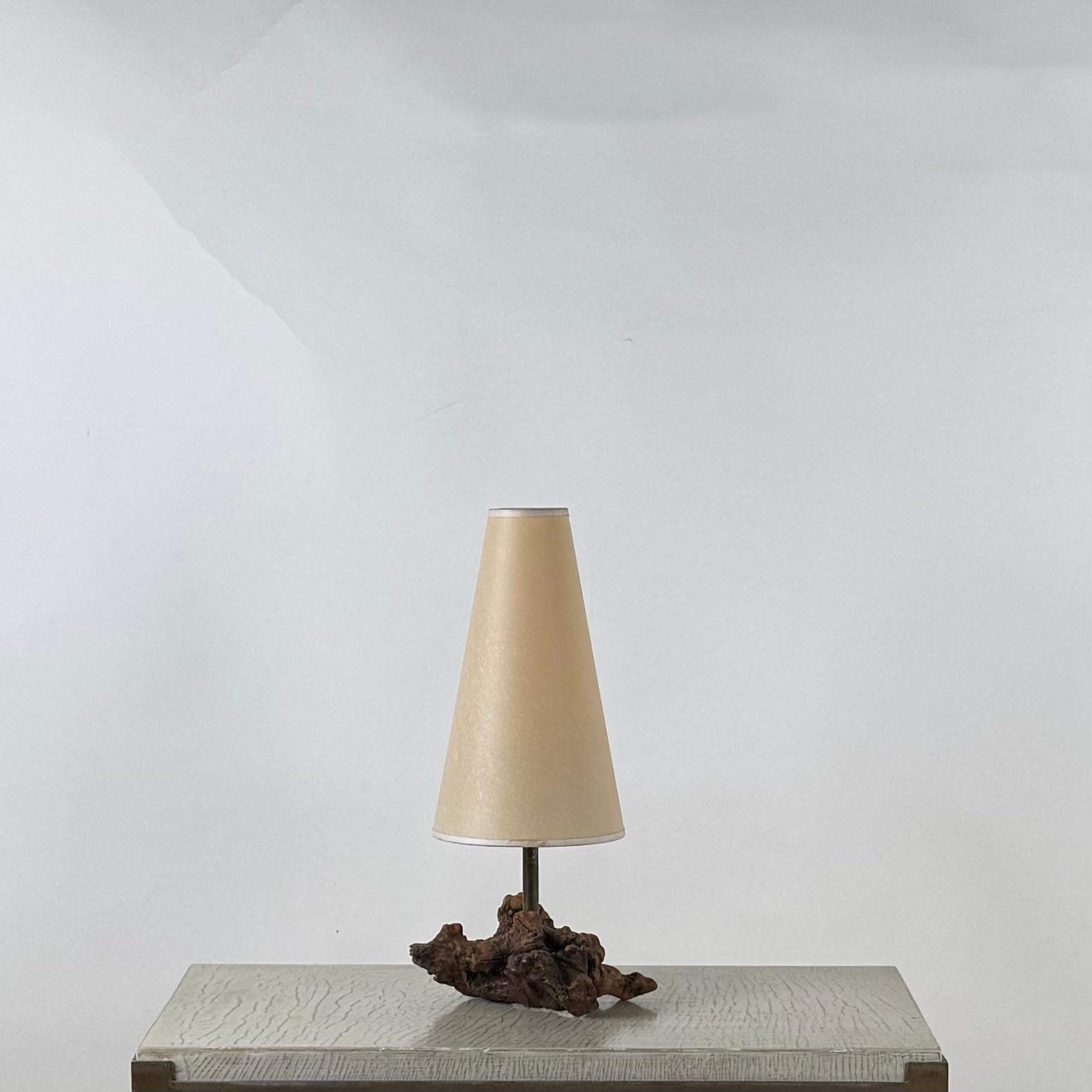Mid-Century Modern Chic Small Burl Wood Desk Lamp with Custom Parchment Paper Shade For Sale