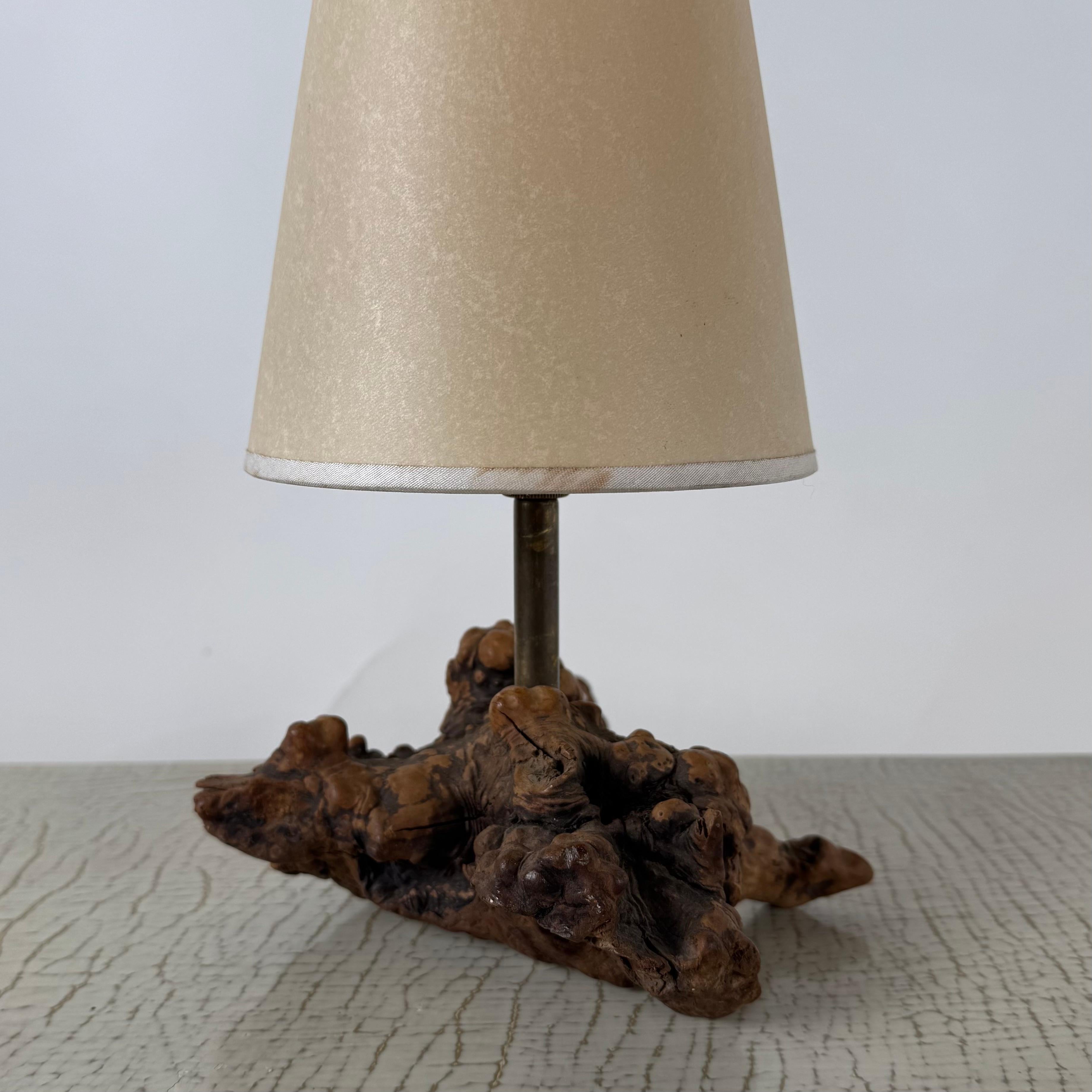 American Chic Small Burl Wood Desk Lamp with Custom Parchment Paper Shade For Sale