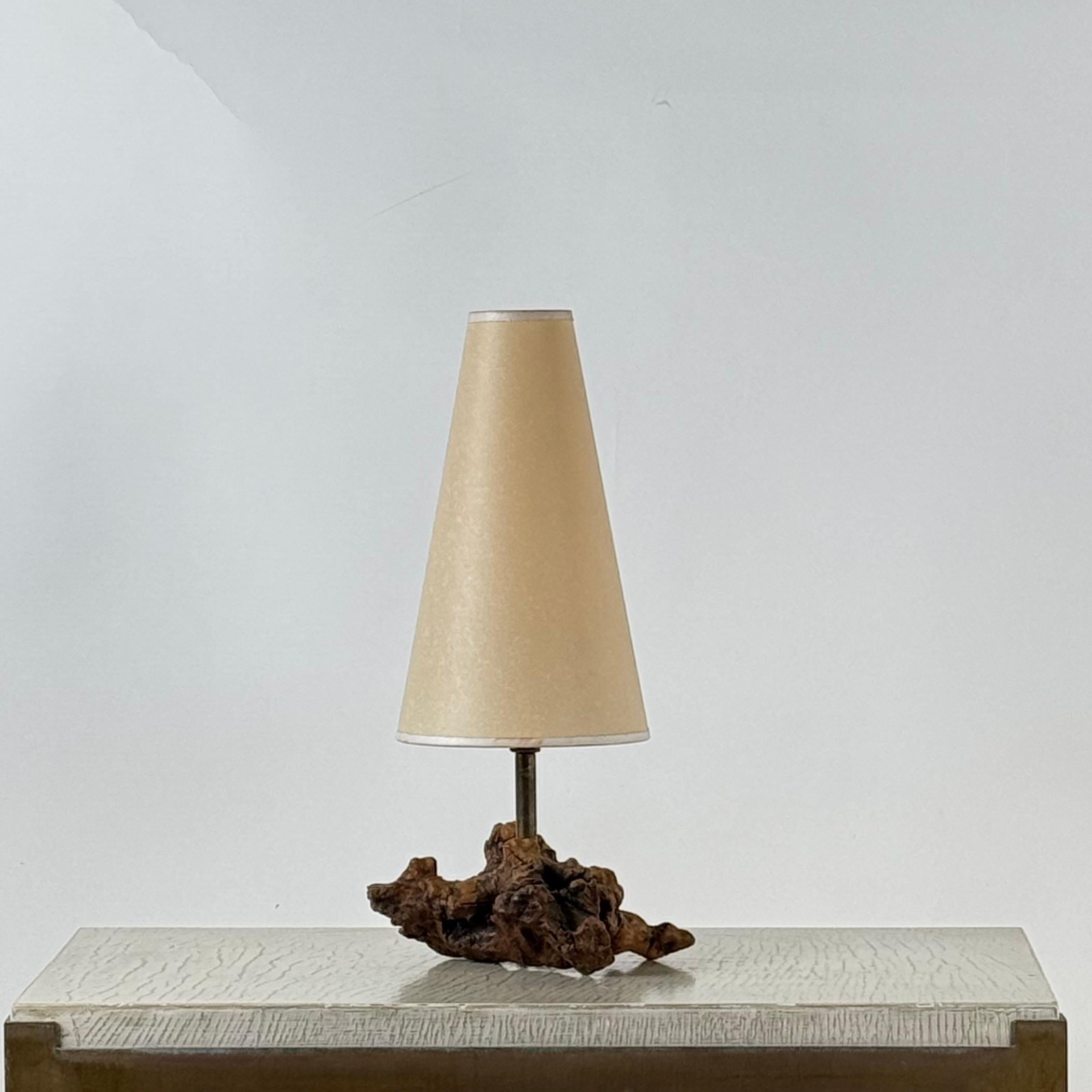 Mid-20th Century Chic Small Burl Wood Desk Lamp with Custom Parchment Paper Shade For Sale