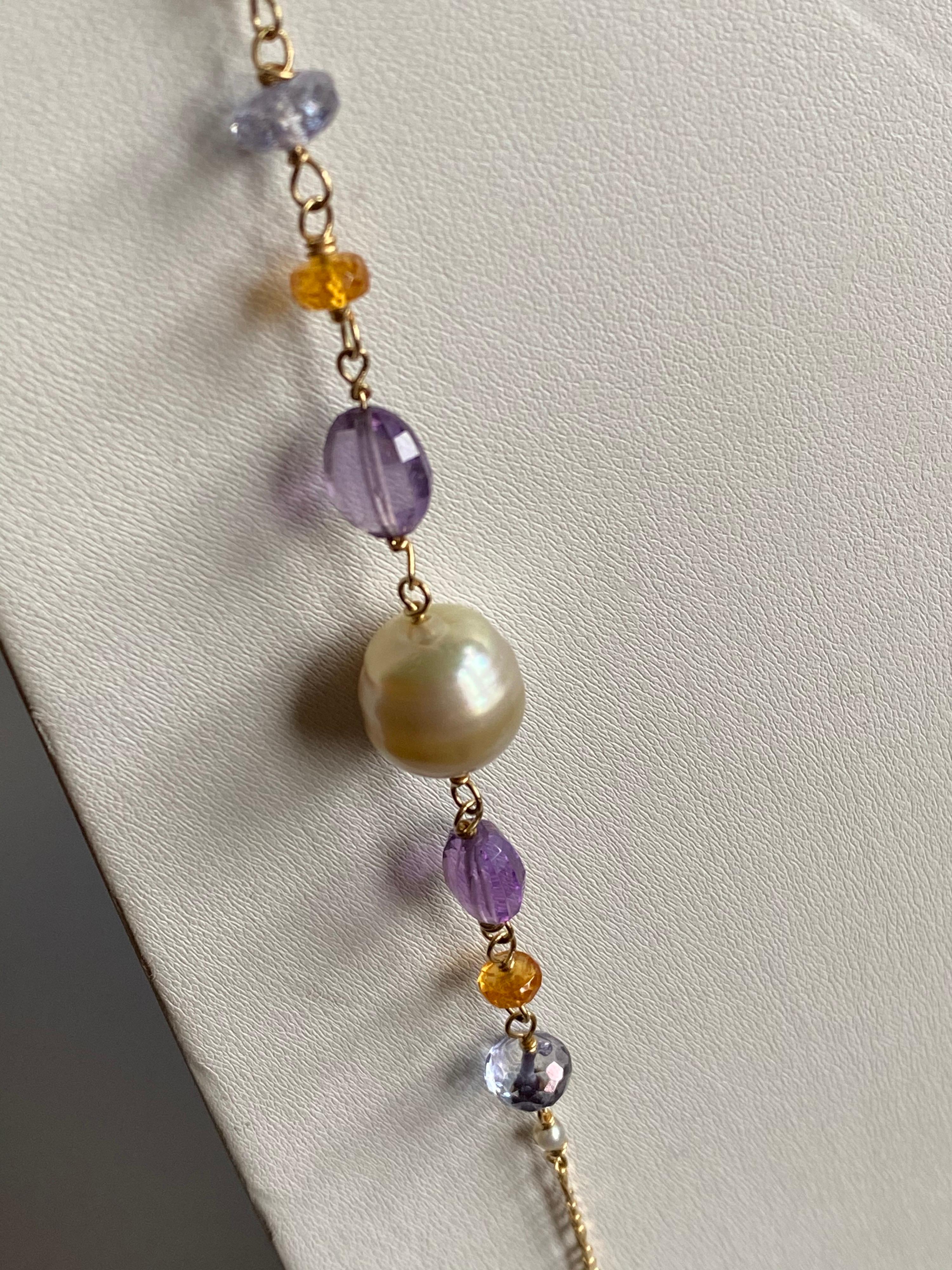 Art Deco Chic South Sea Pearl, Amethyst, Mandarin Garnet, Lapis 18 Karat Gold Necklace  For Sale