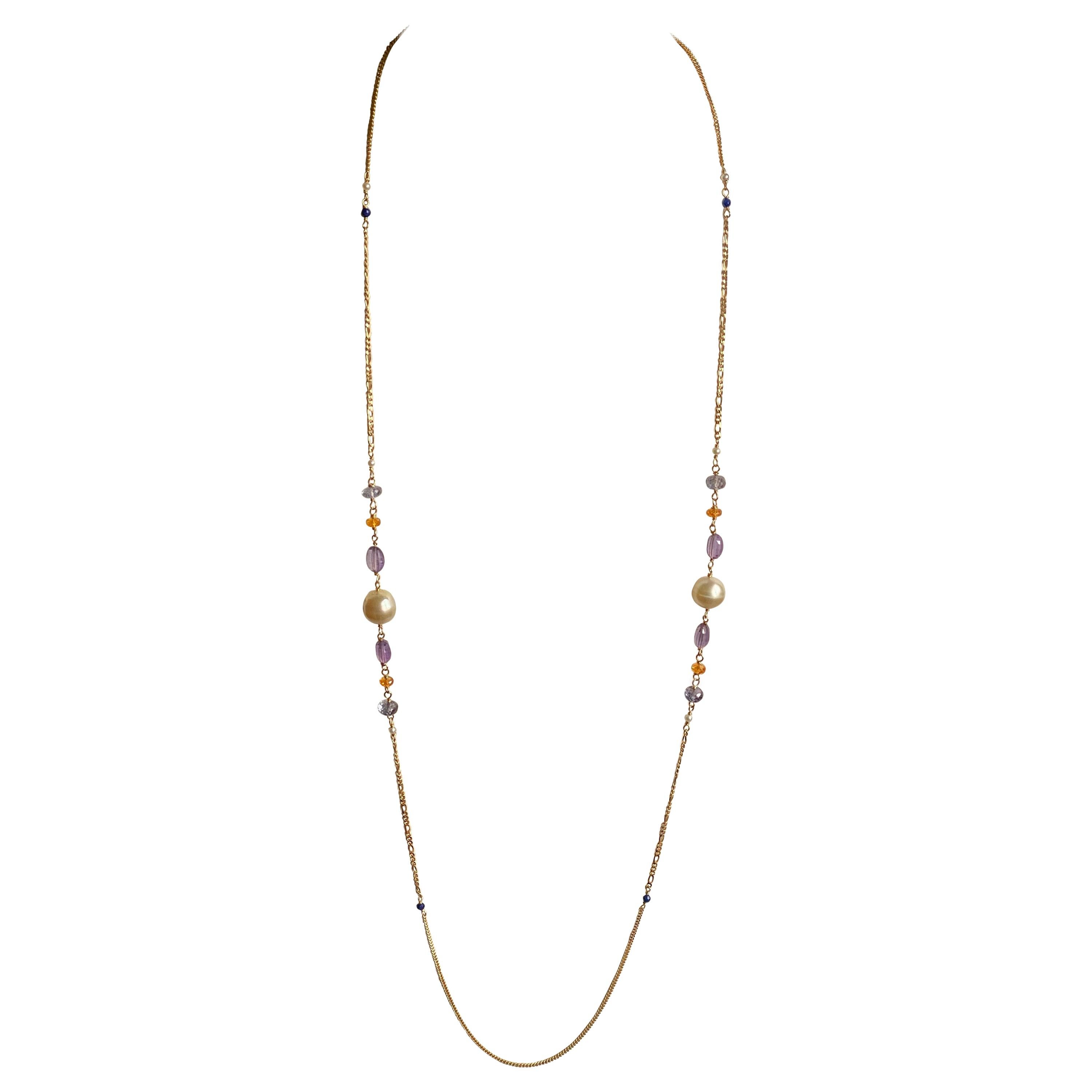Chic South Sea Pearl, Amethyst, Mandarin Garnet, Lapis 18 Karat Gold Necklace  For Sale