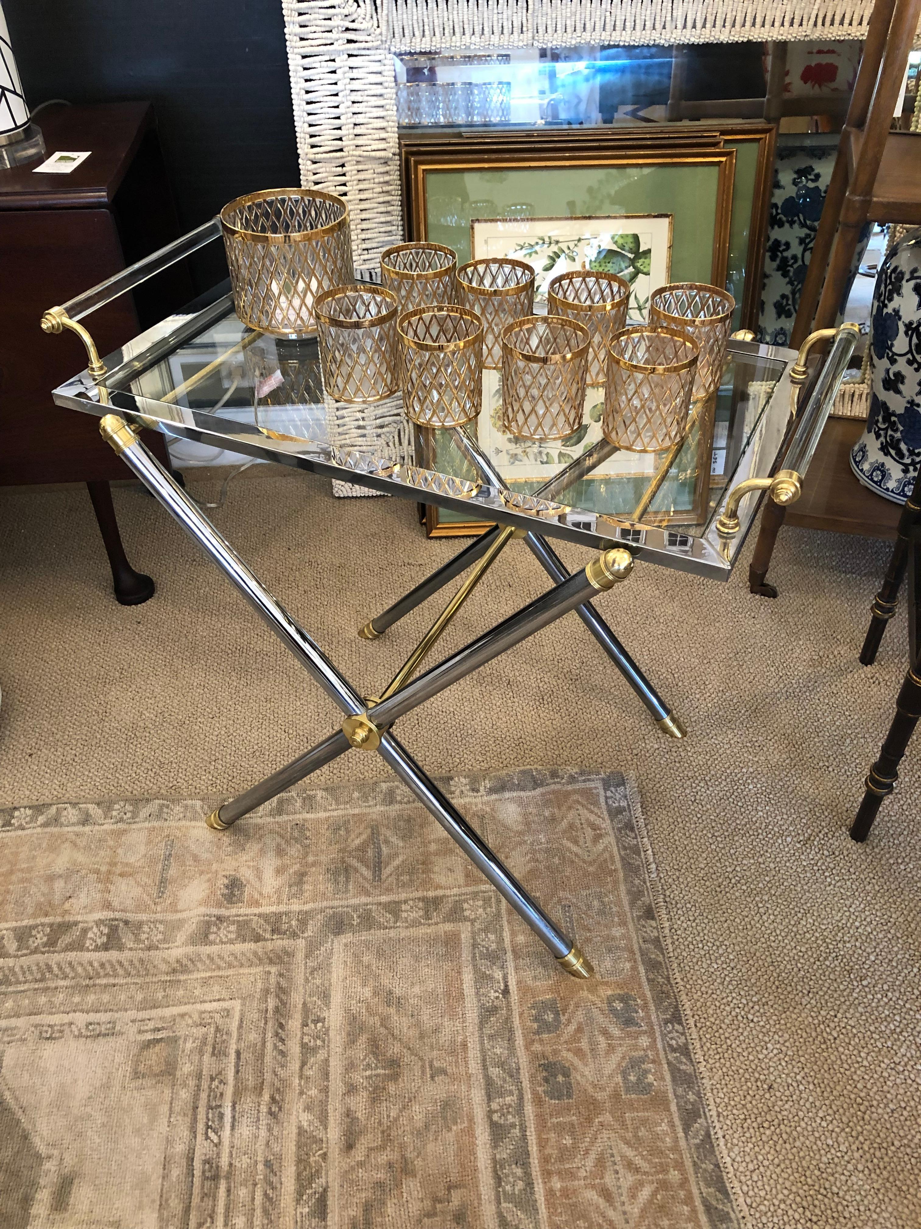 American Chic Steel Brass & Glass Tray Table on Stand