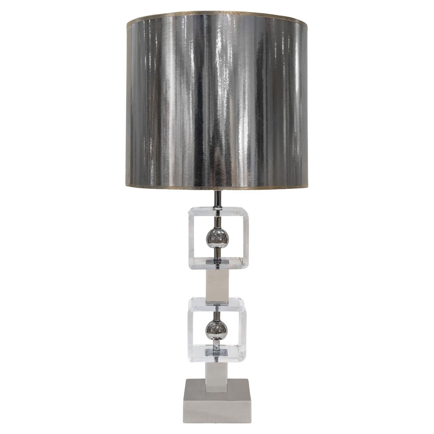 Chic Table Lamp in Lucite and Chrome with Silver Shade 1970s For Sale