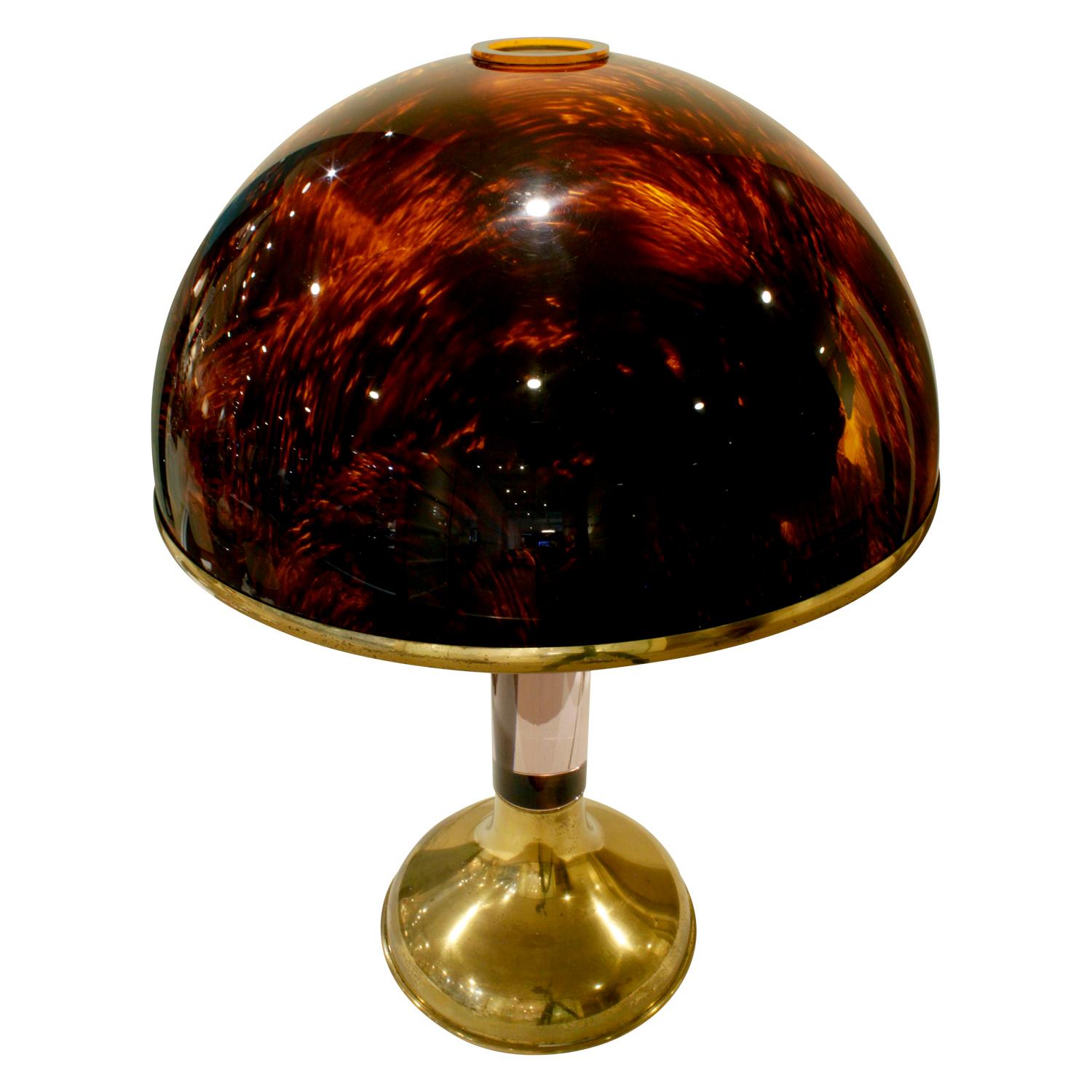 Table lamp in lavender Lucite and brass with tortoiseshell Lucite shade, American 1970s.