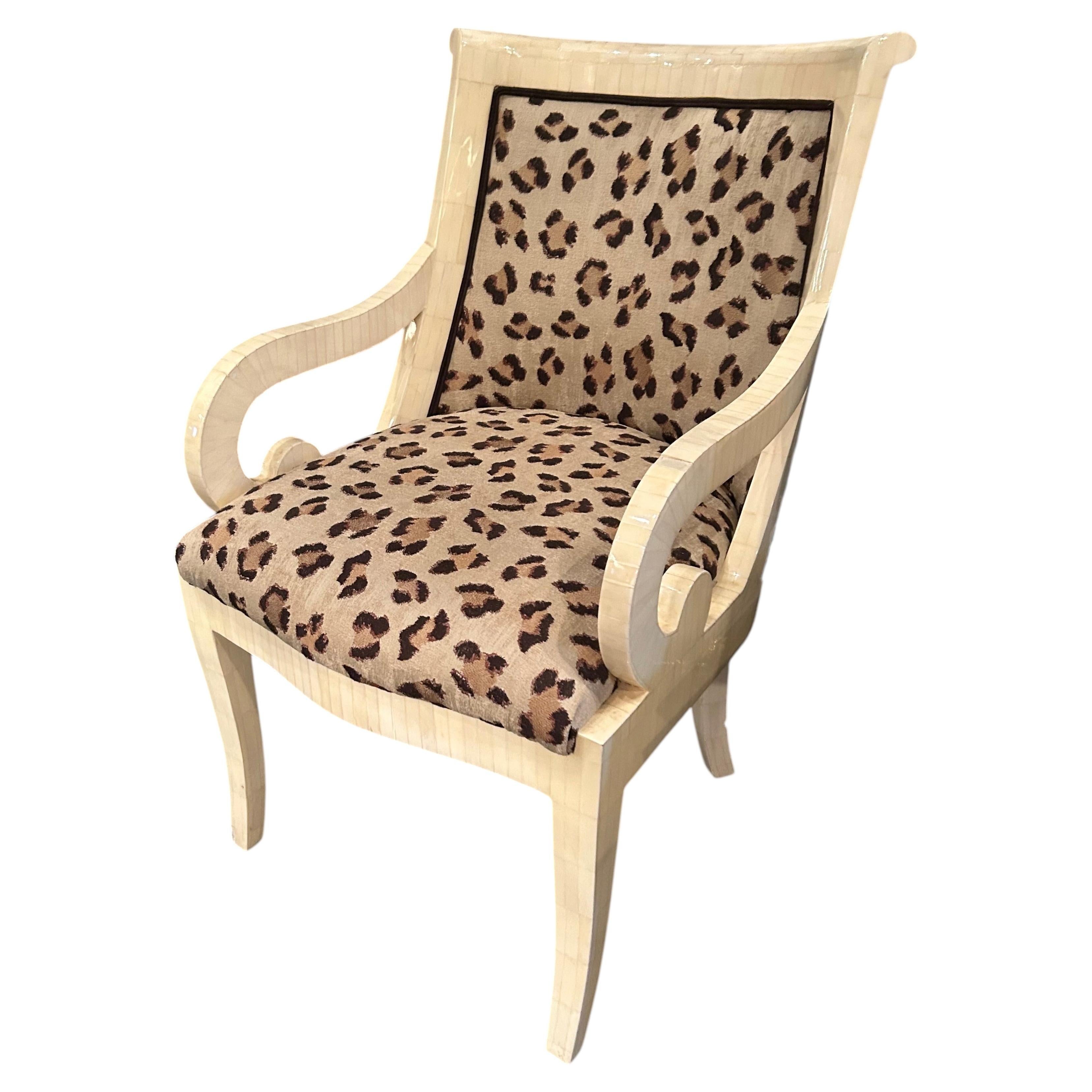 Chic Tessellated Bone Armchair Reupholstered in Cheetah Print Scalamandre Fabric For Sale