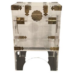 Chic Transparent Lucite Trunk on Stand End Table with Brass Hardware