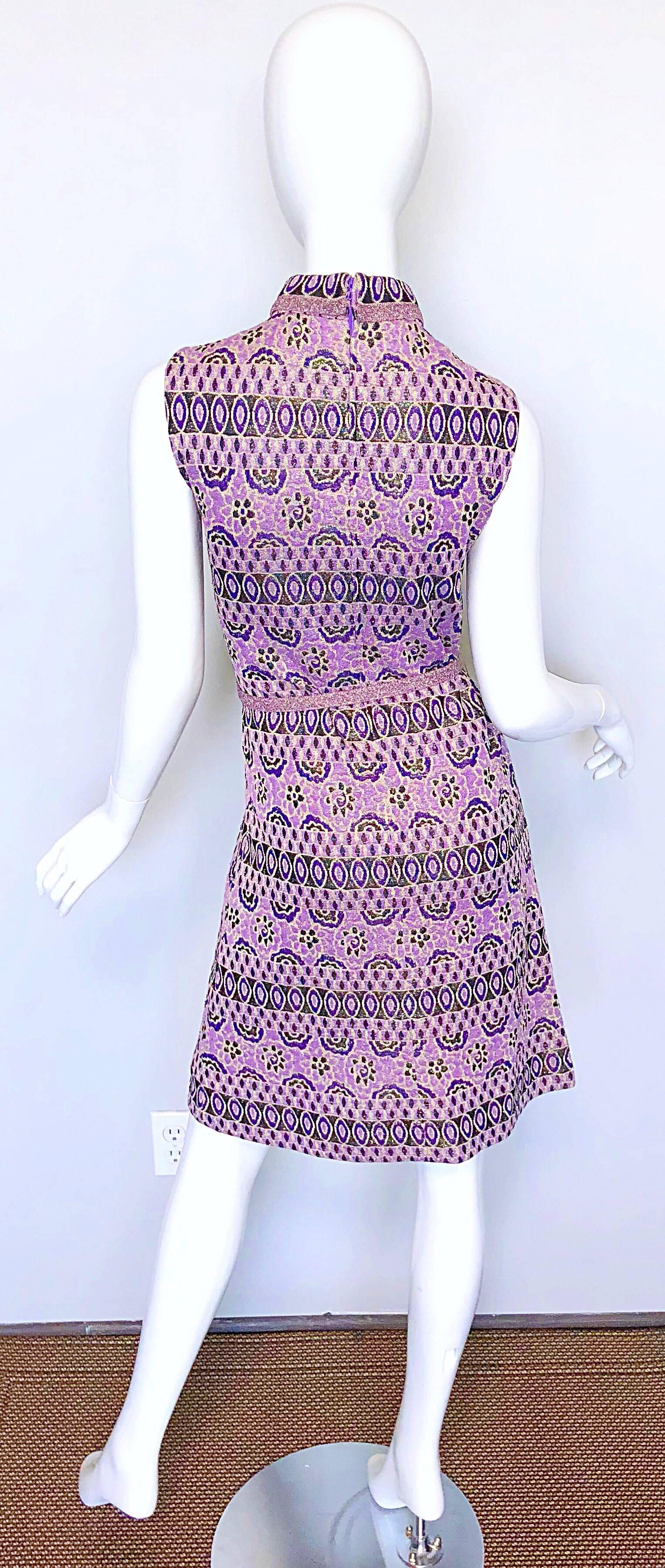 Gray Chic Tricosa French 1960s Purple + Gold Metallic Flower Vintage 60s A Line Dress For Sale