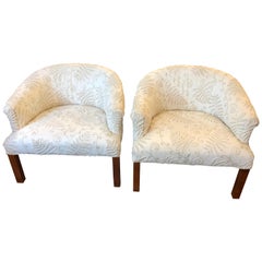 Chic Tub Shaped Compact Pair of Upholstered Club Chairs