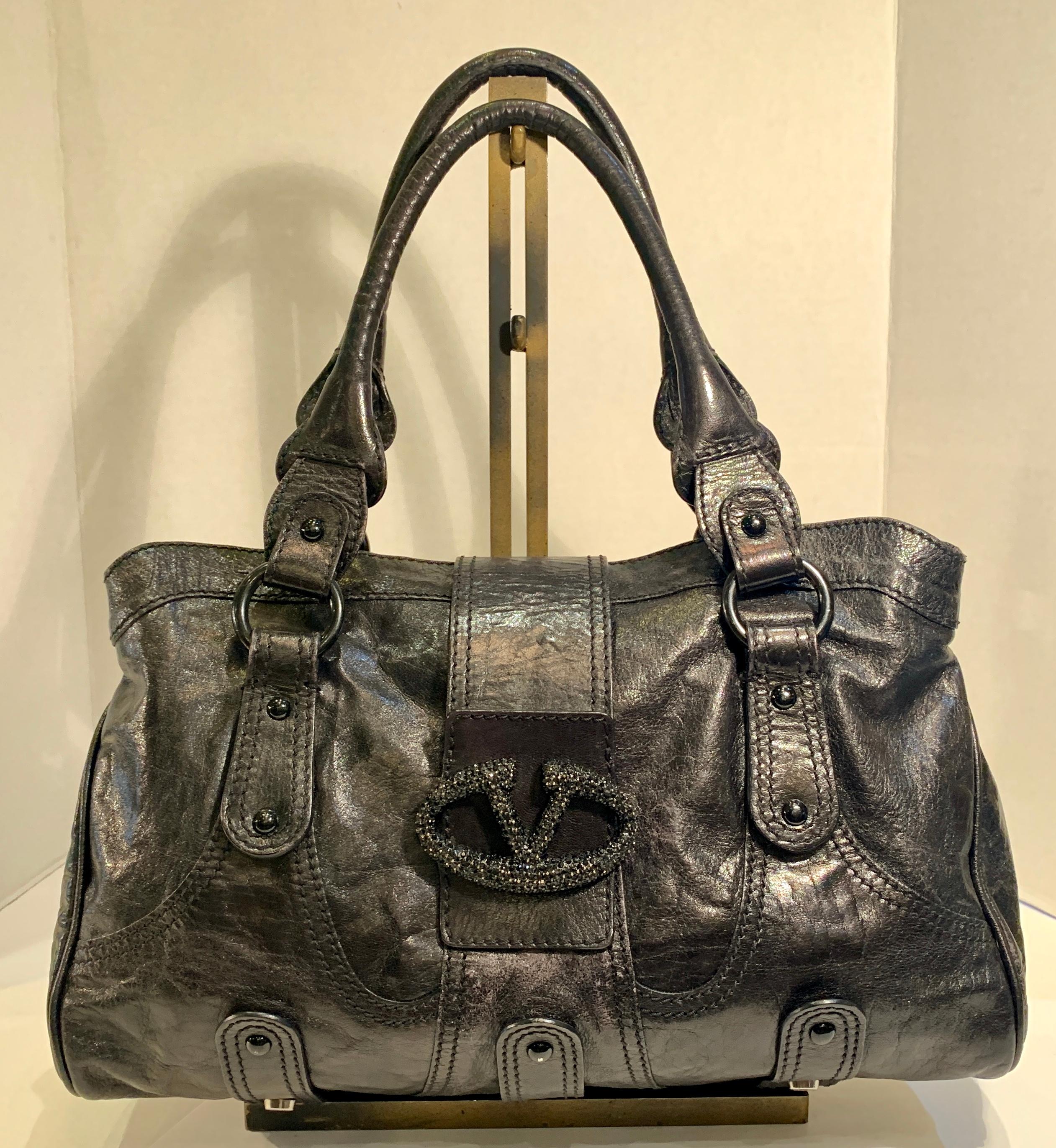 Chic Valentino Metallic Black Leather Catch Purse with Black Crystal ...