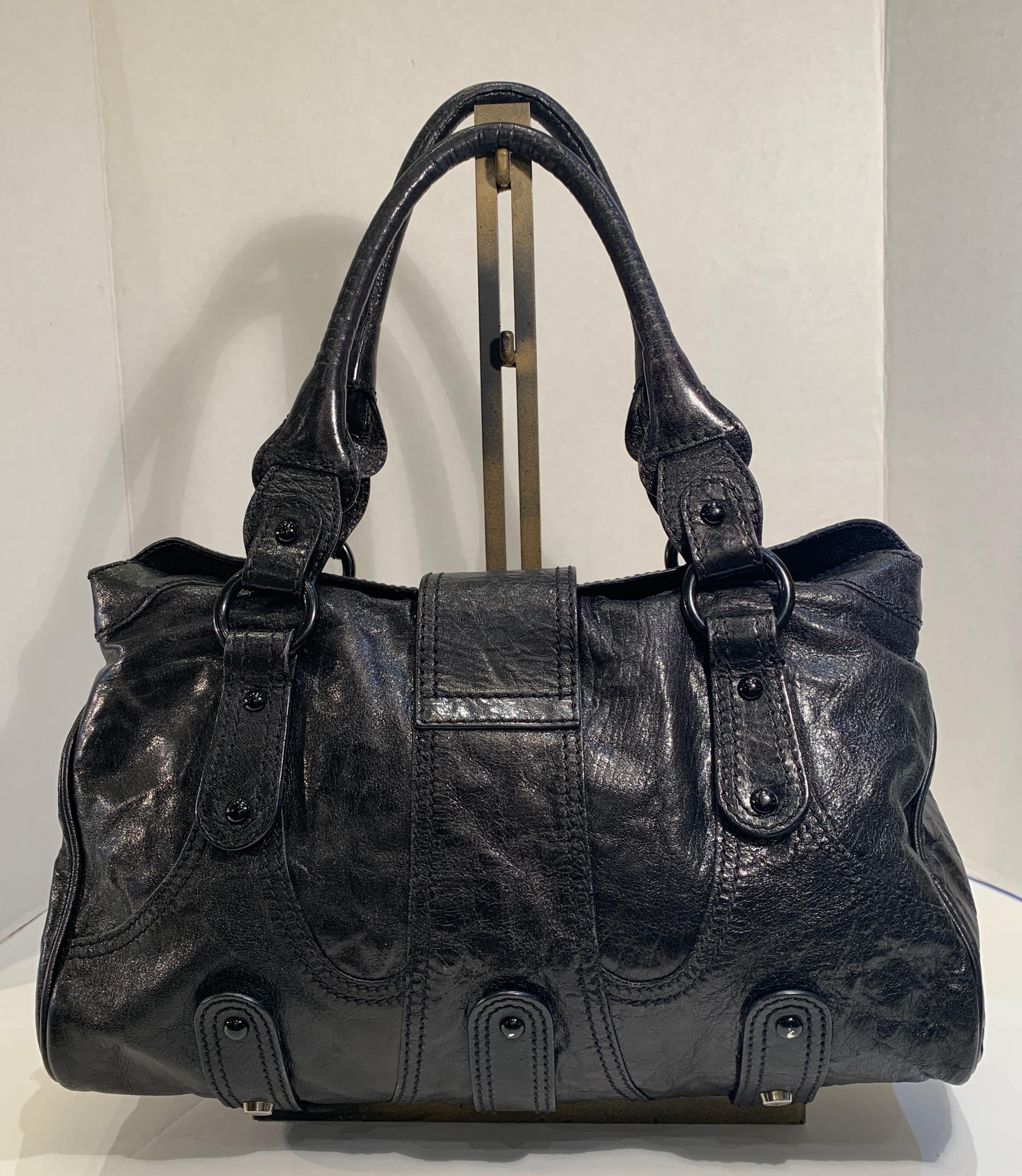 Chic Valentino Metallic Black Leather Catch Purse with Black Crystal Logo Clasp In Good Condition In Tustin, CA