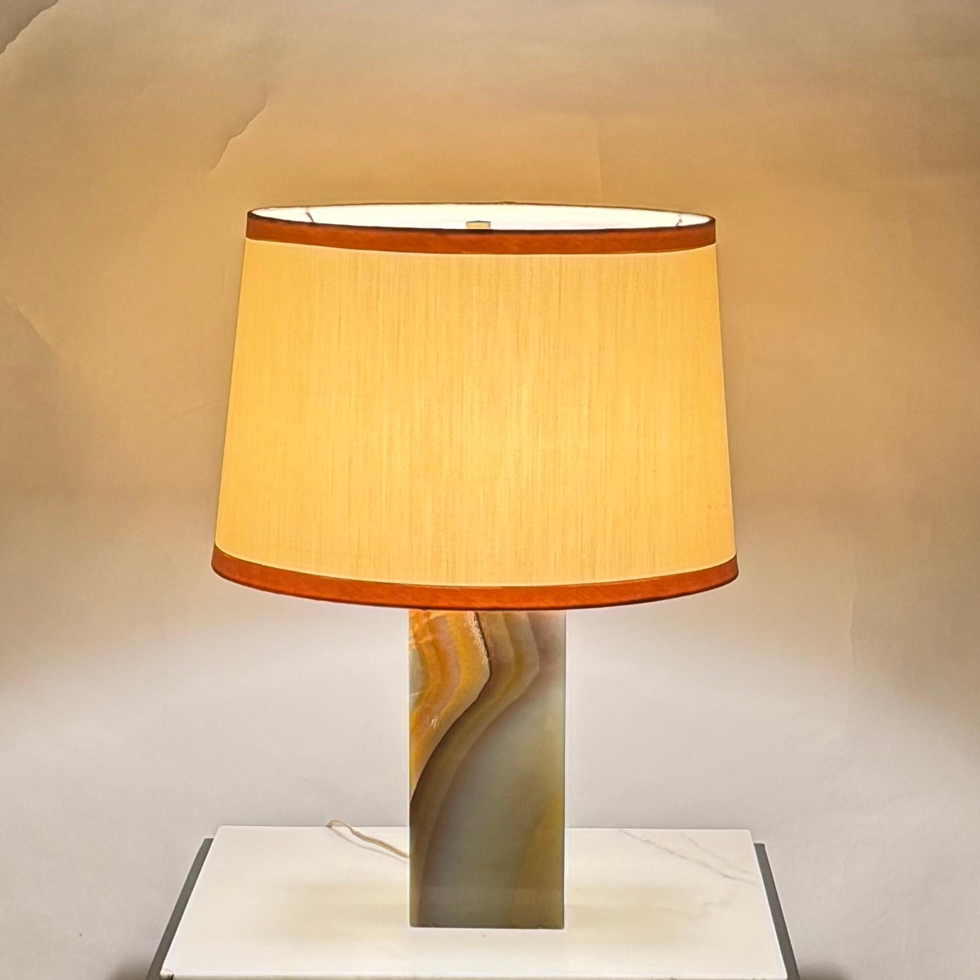 Chic veined onyx table or desk lamp with custom silk shade and diffuser.

Dimensions listed are the overall dimensions of the lamp base with the shade. The onyx portion of the base alone is 5 in. wide x 3 in. deep x 10 1/2 in. tall.
