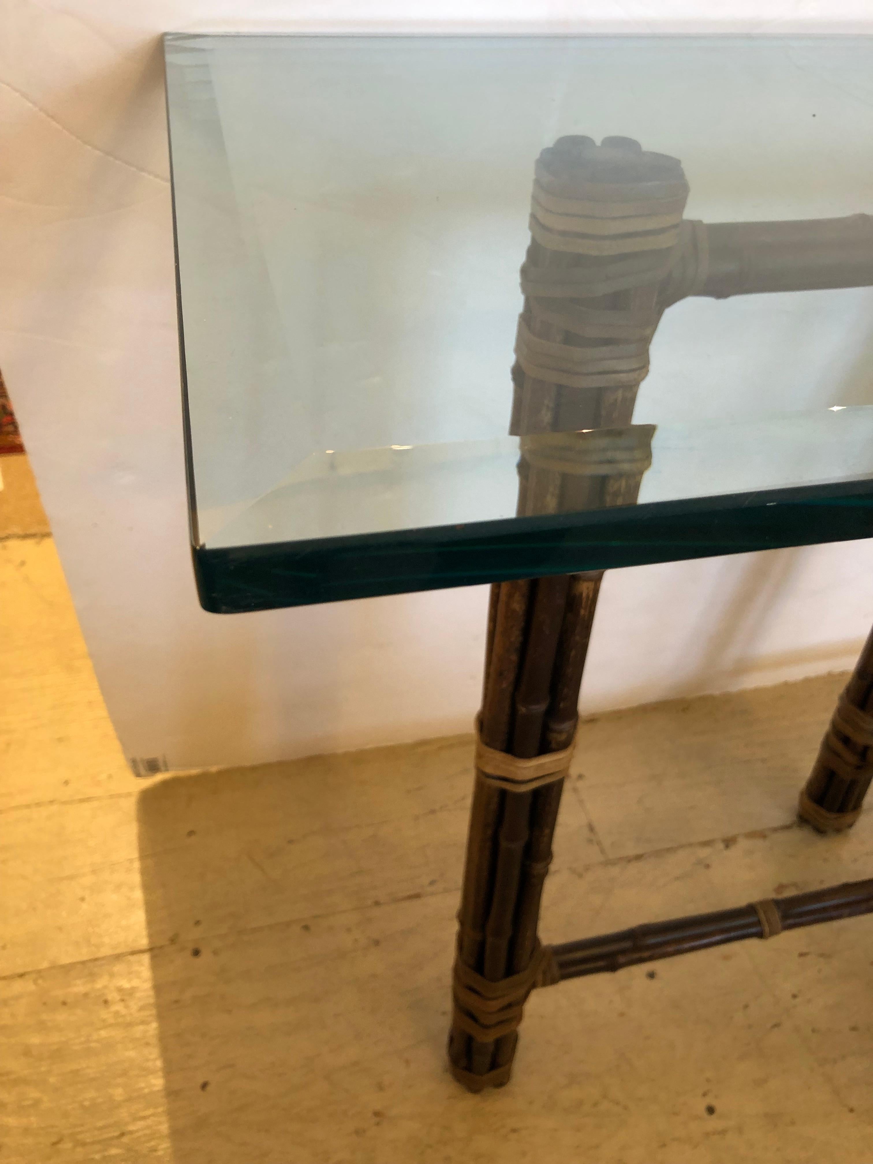 Indonesian Chic Very Long Organic Modern Bamboo & Glass Console Table For Sale