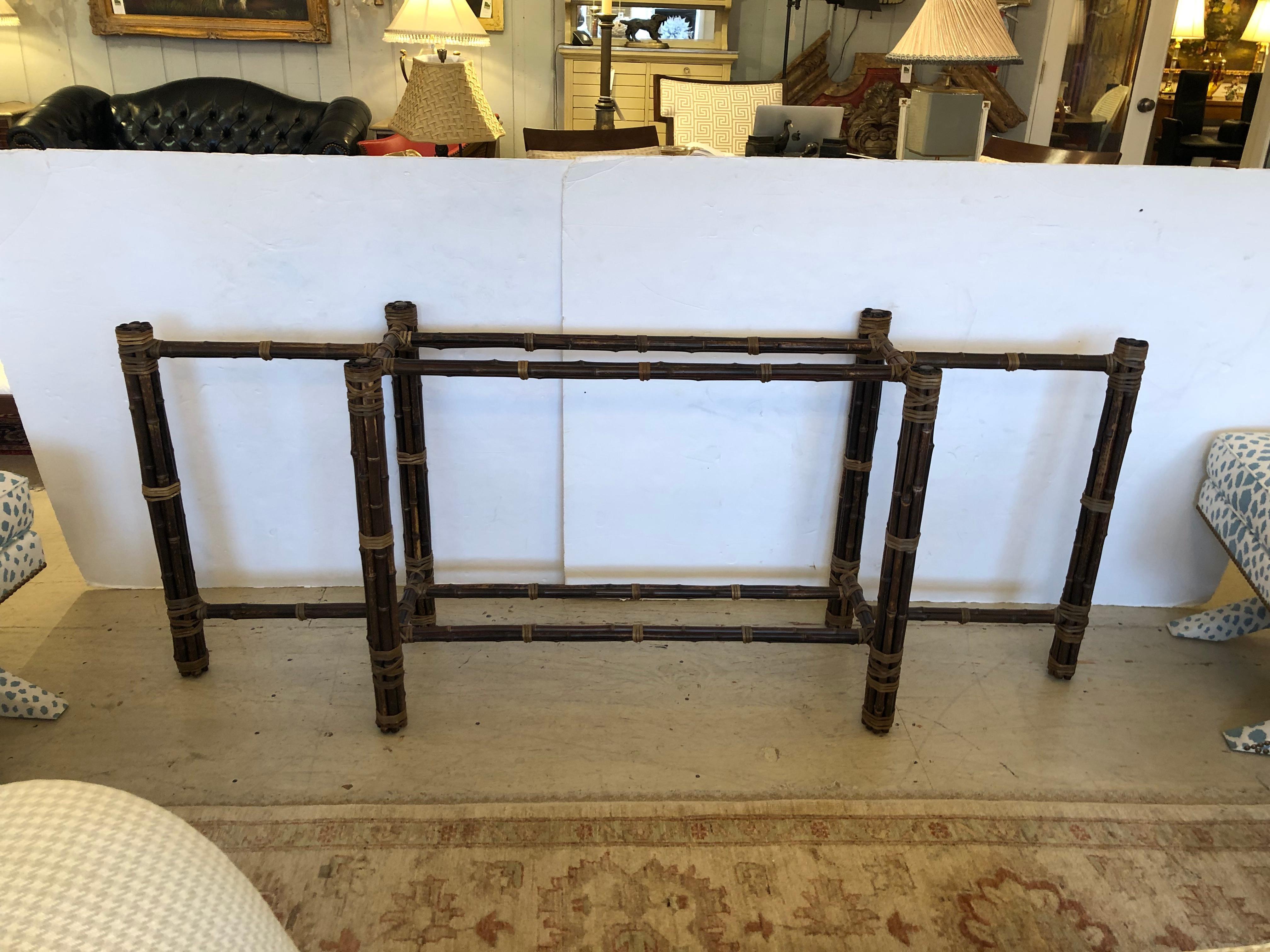 Chic Very Long Organic Modern Bamboo & Glass Console Table In Good Condition For Sale In Hopewell, NJ