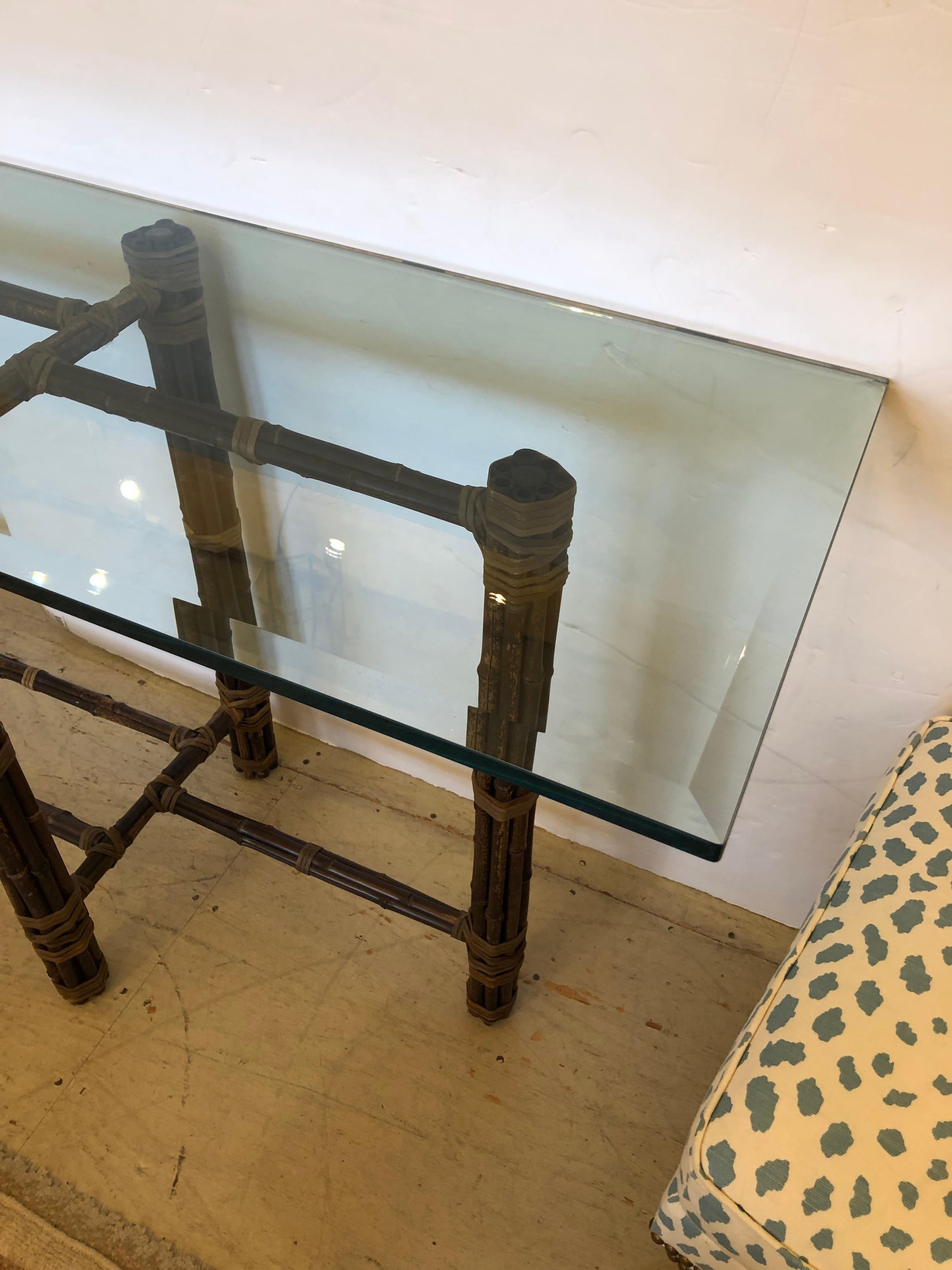 Chic Very Long Organic Modern Bamboo & Glass Console Table For Sale 1