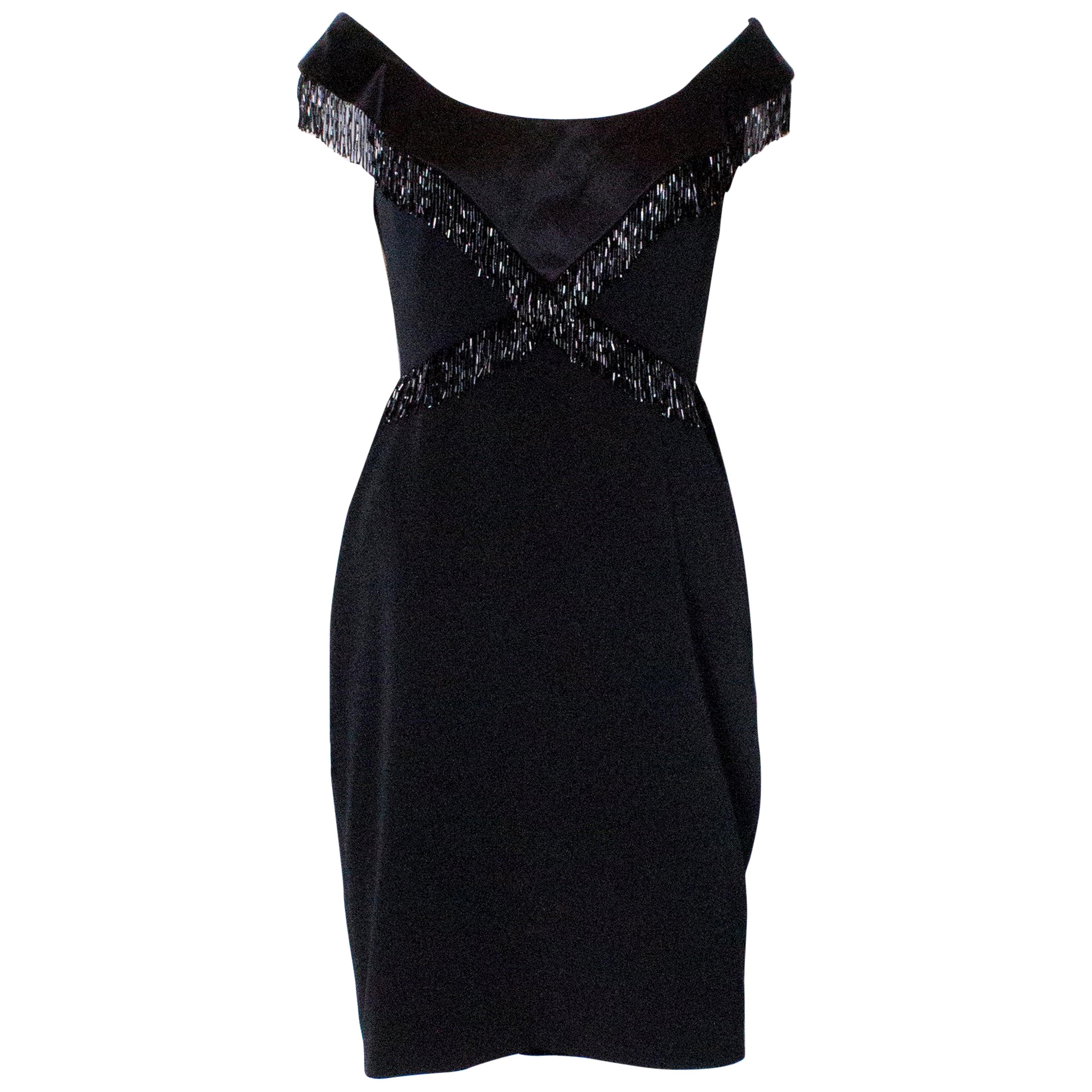  Chic Vintage Black Cocktail Dress by Bellville Sassoon with Bead Detail For Sale