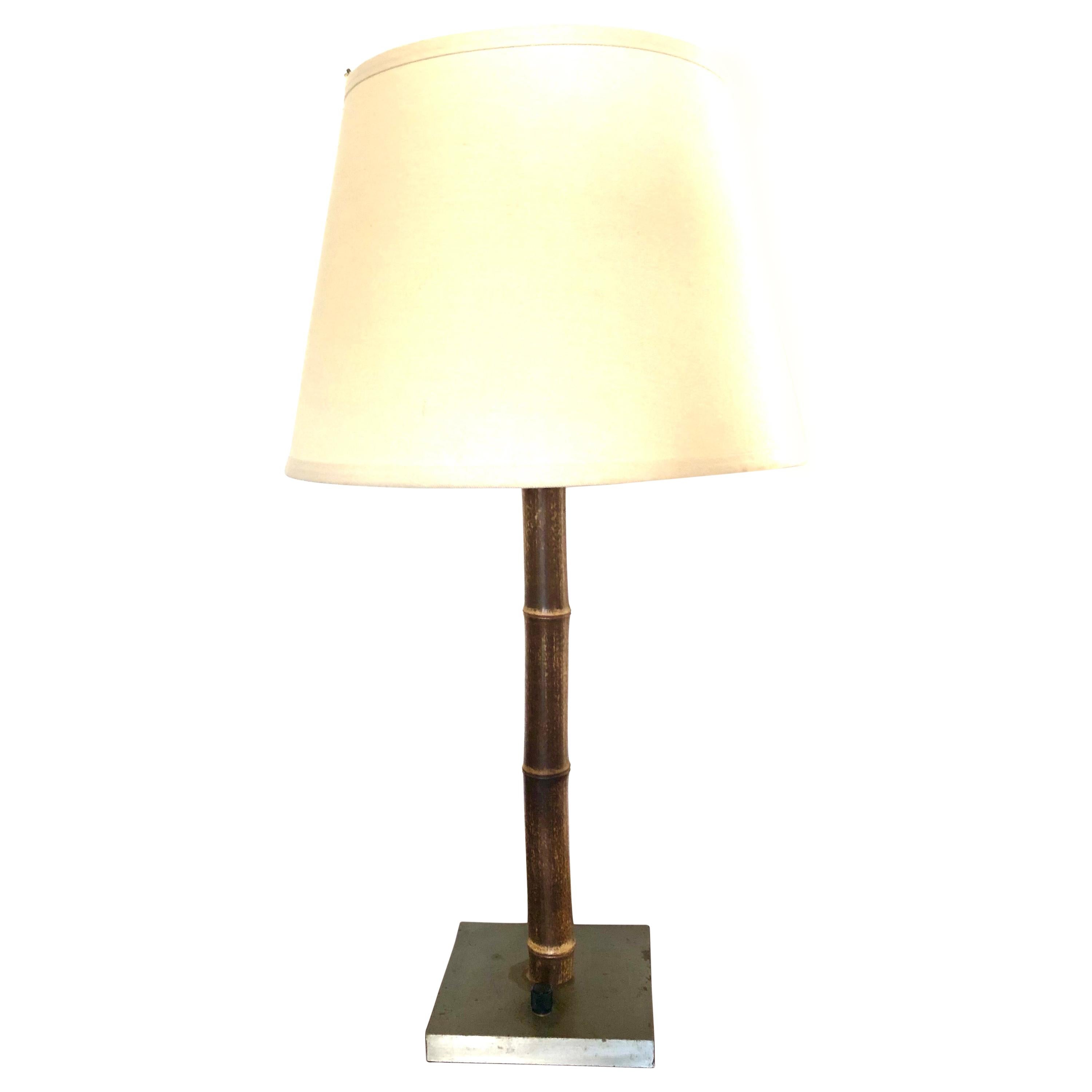 Chic Vintage French Bamboo and Nickeled Steel Table Lamp For Sale