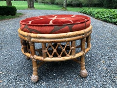 Chic Vintage Round Bamboo Ottoman Upholstered in Faux Giraffe