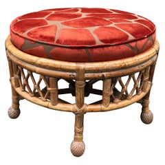 Chic Vintage Round Bamboo Ottoman Upholstered in Faux Giraffe